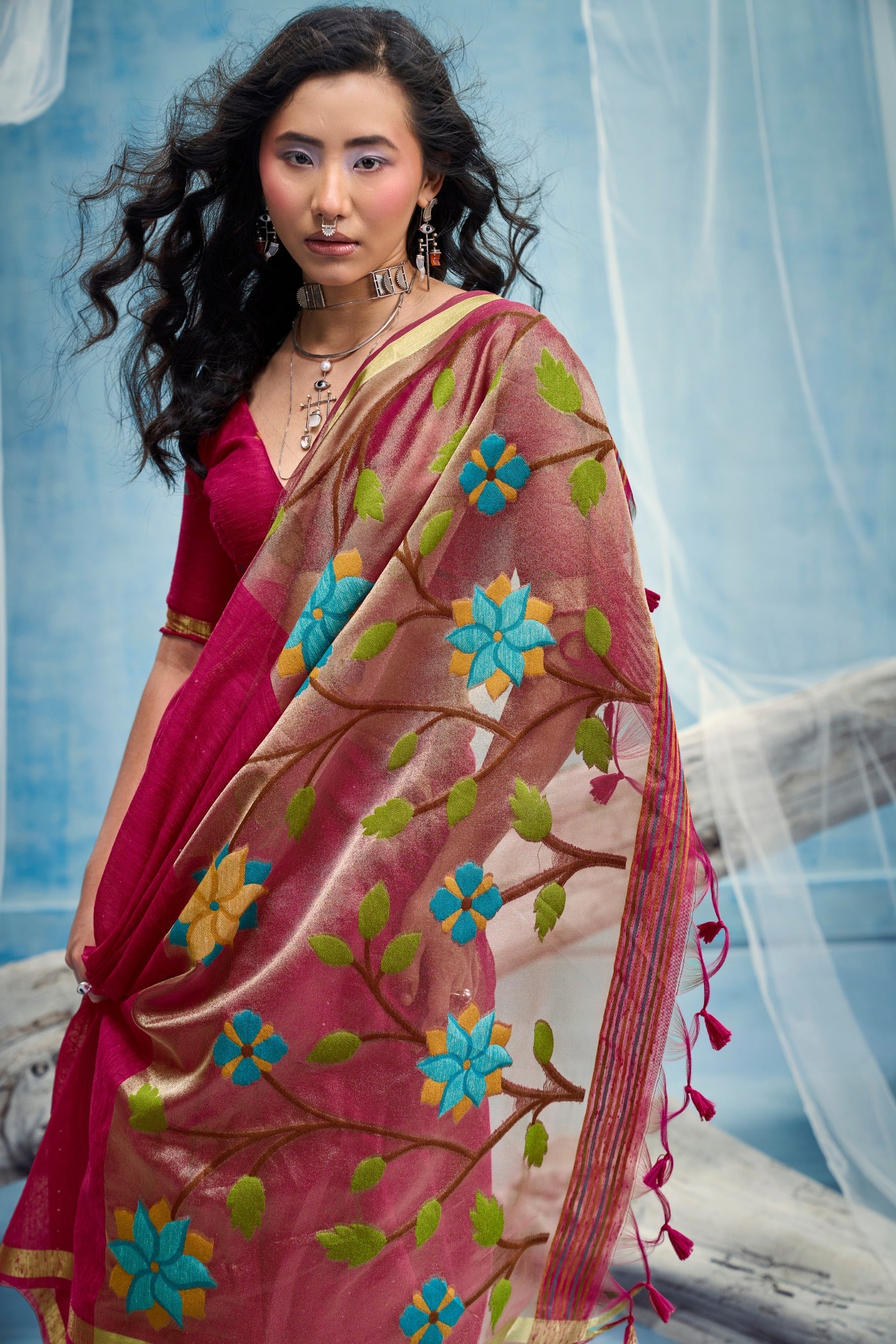 Buy MySilkLove French Maroon Munga Handloom Tissue Pallu Saree Online