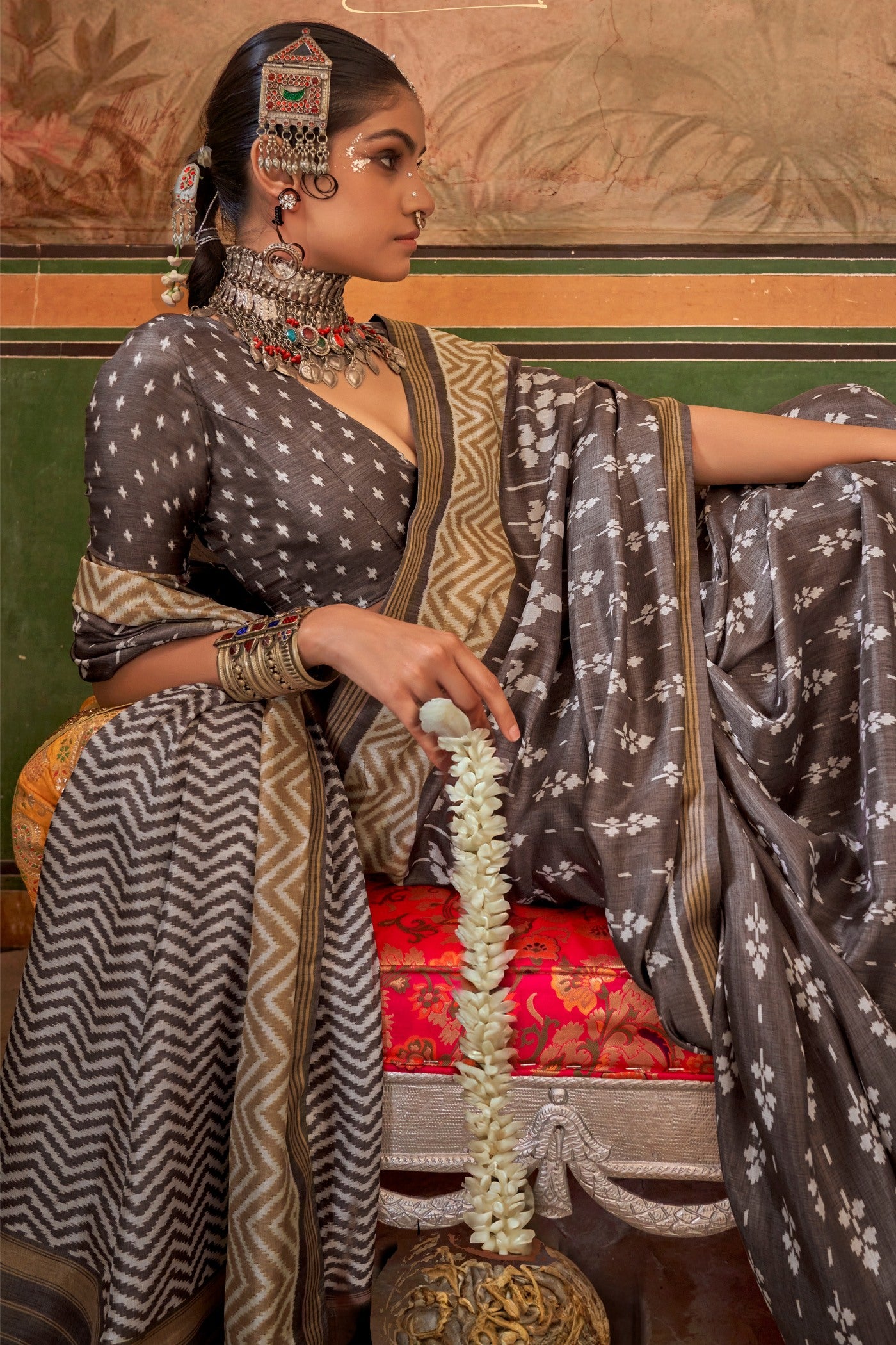 Buy MySilkLove Spicy Grey Printed Patola Saree Online