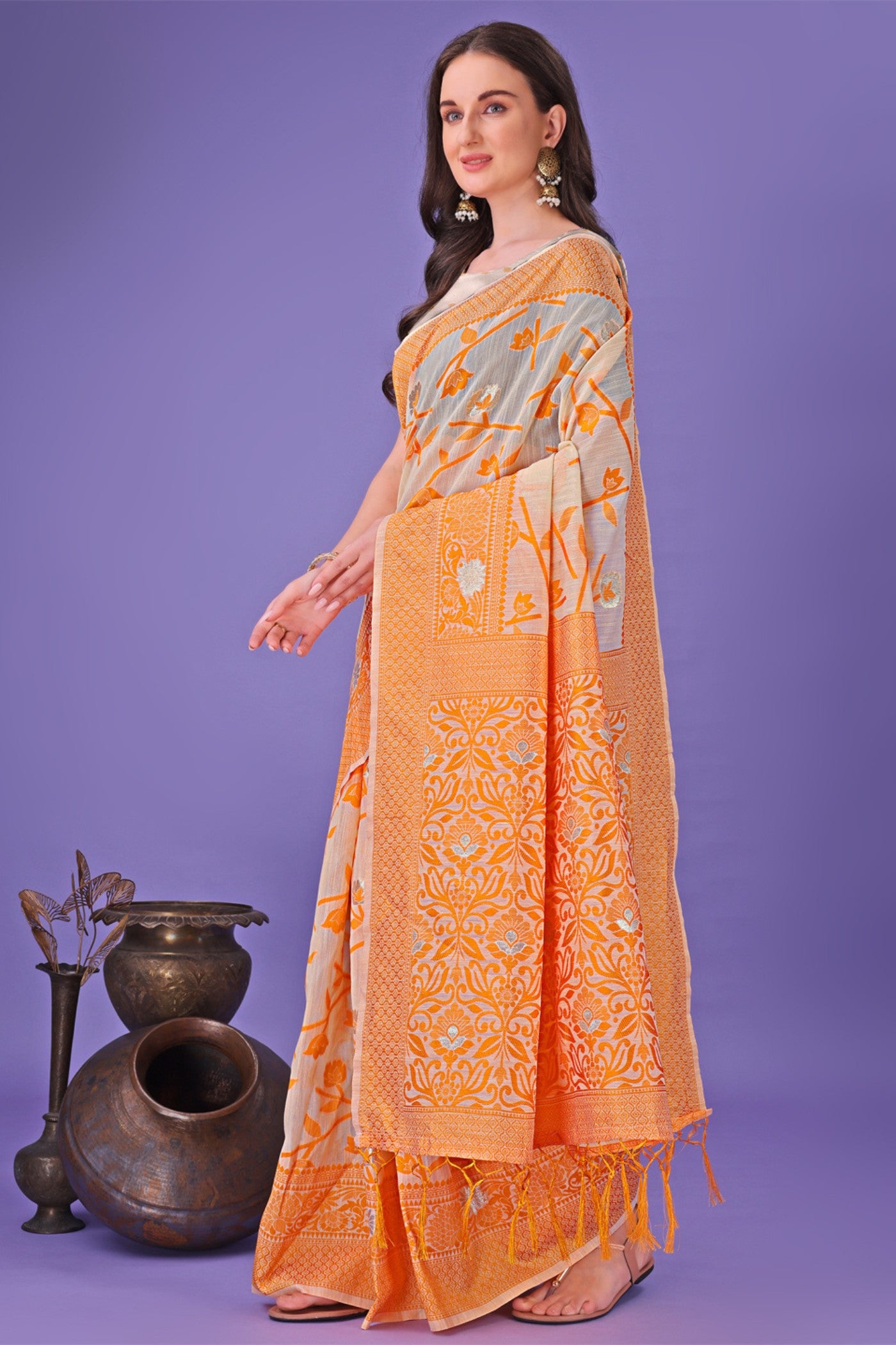 Buy MySilkLove Carrot Orange Linen Cotton Saree Online