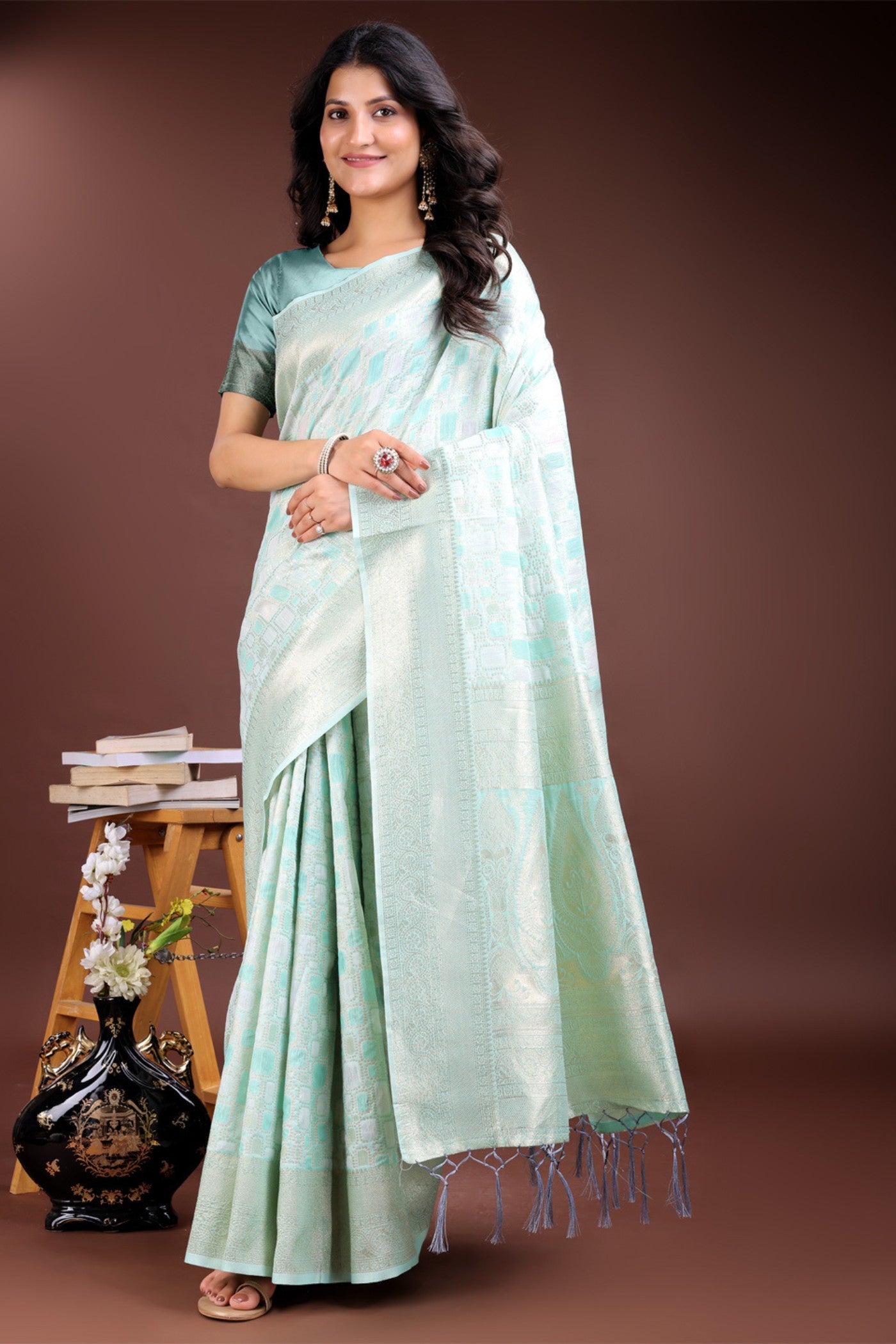 Buy MySilkLove Celadon Green Woven Linen Cotton Saree Online