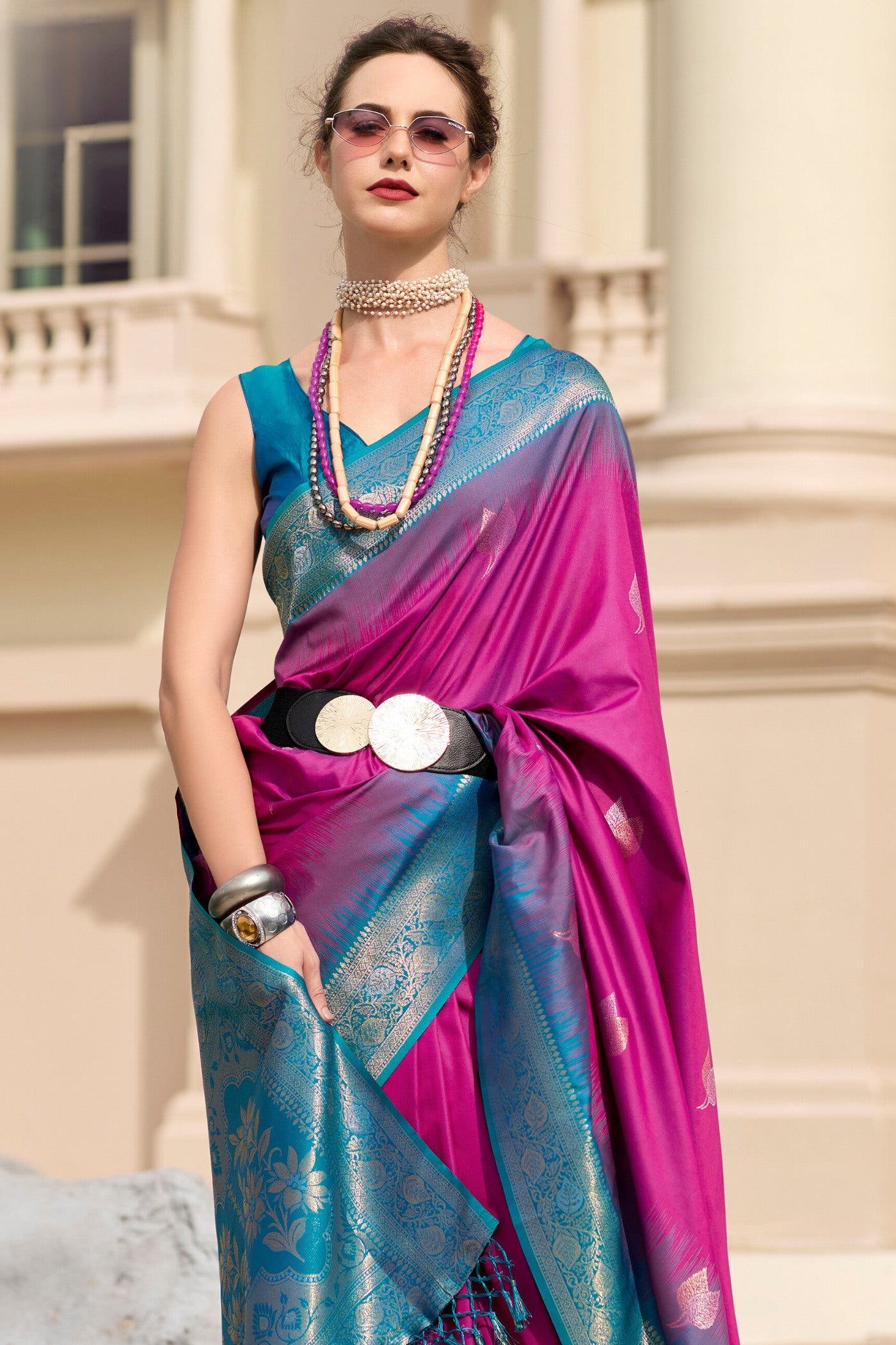 Buy MySilkLove Cerise Purple Woven Banarasi Soft Silk Saree Online