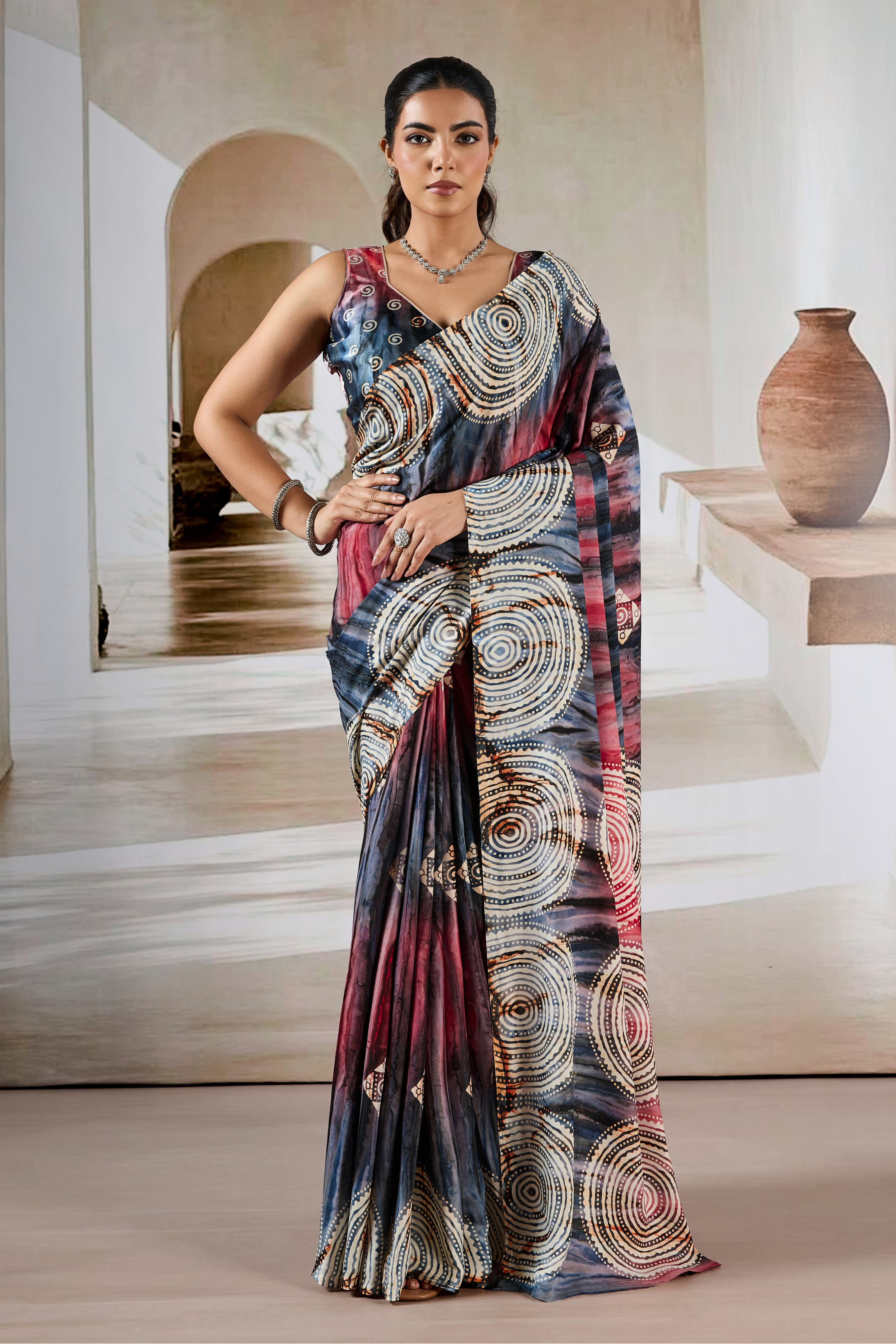Buy MySilkLove Brown And Grey Modal Satin Hand Prism Print Saree Online