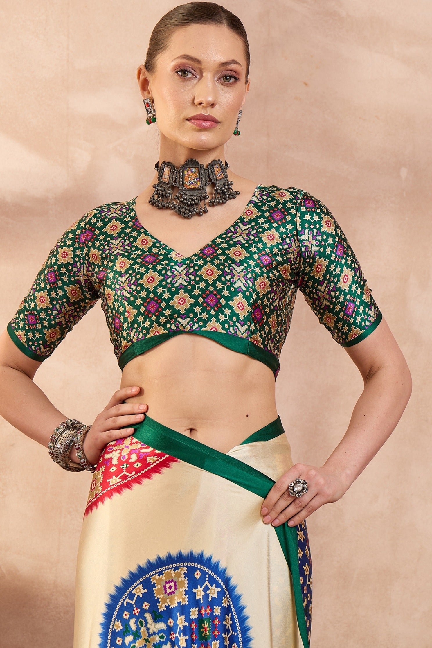 Buy MySilkLove Buttery Cream and Green Modal Ajrakh Printed Silk Saree Online