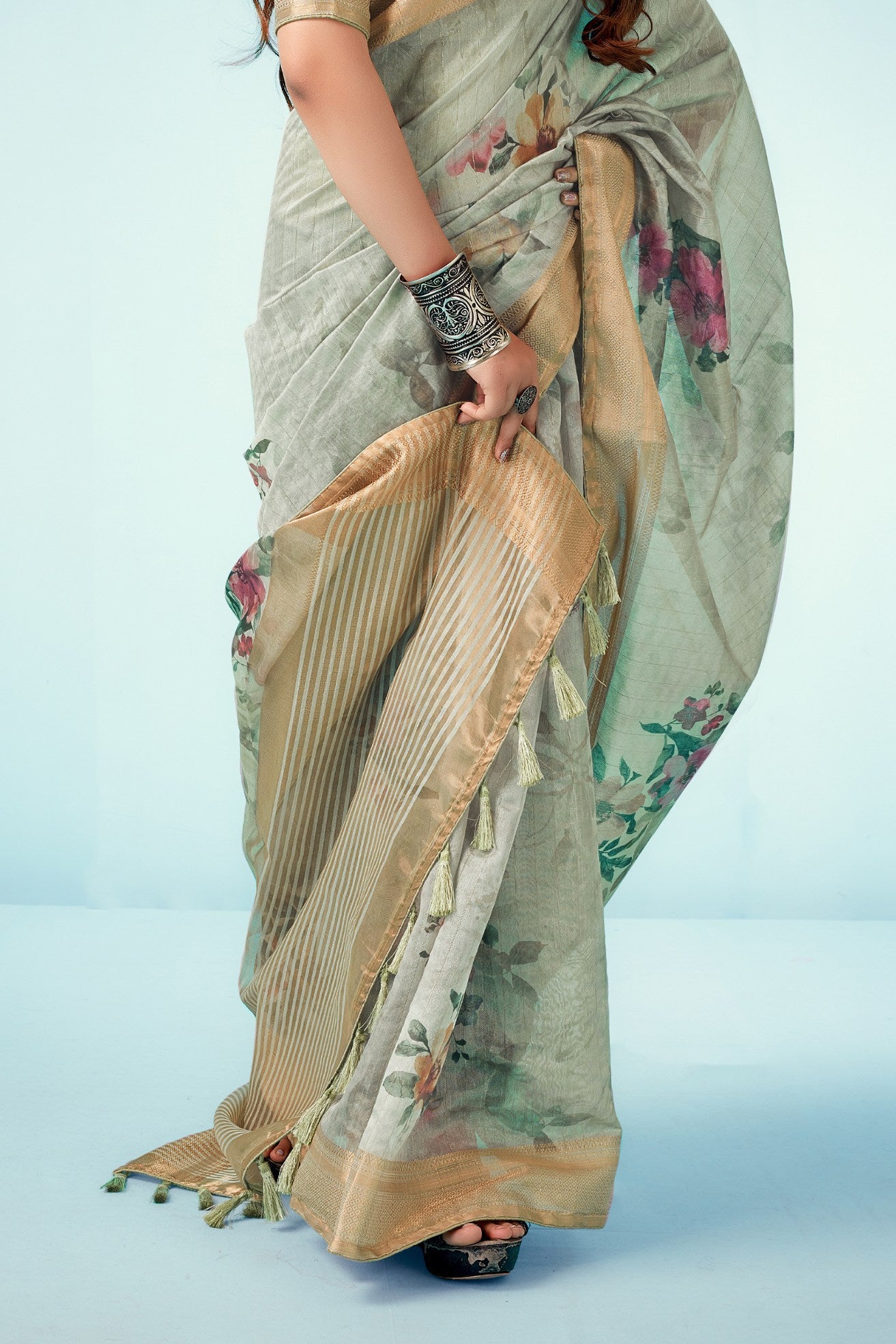 Buy MySilkLove Tallow Green Floral Linen Saree Online