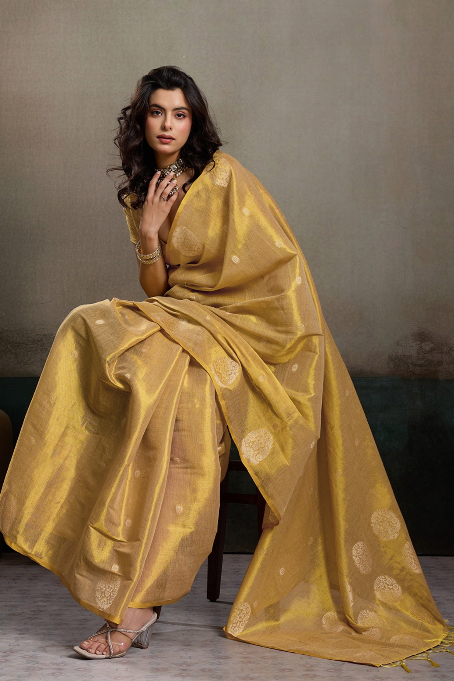 Buy MySilkLove Pastel Yellow Woven Tissue Saree Online