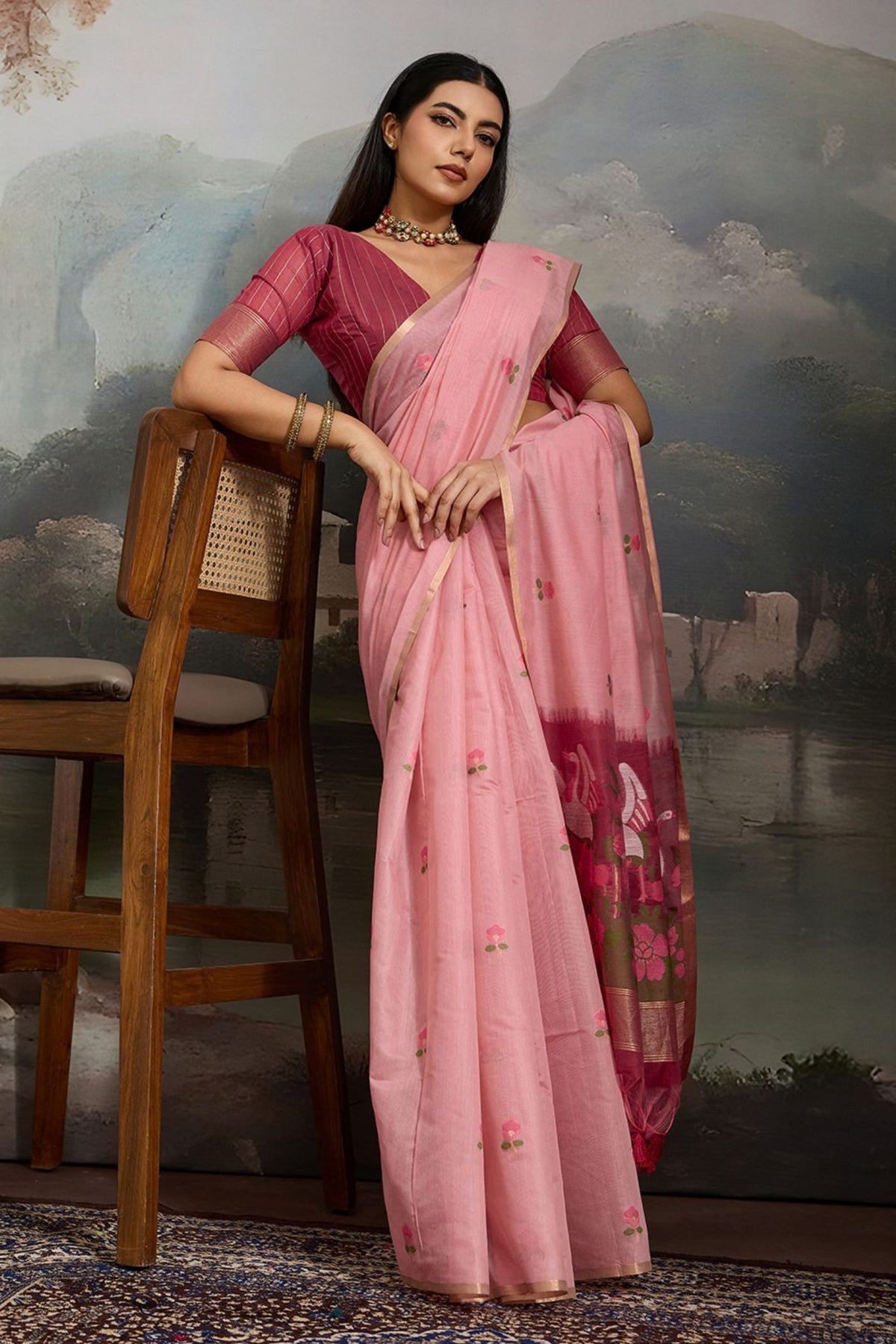 Buy MySilkLove Tulip Blush Pink Cotton Handloom Swan Saree Online