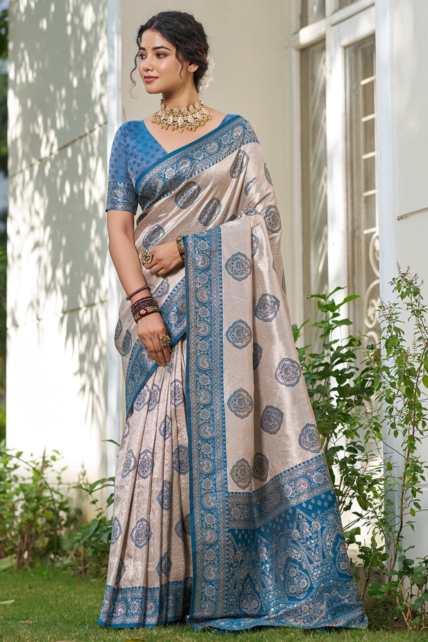 Buy MySilkLove Oyster Cream and Blue Woven Banarasi Saree Online