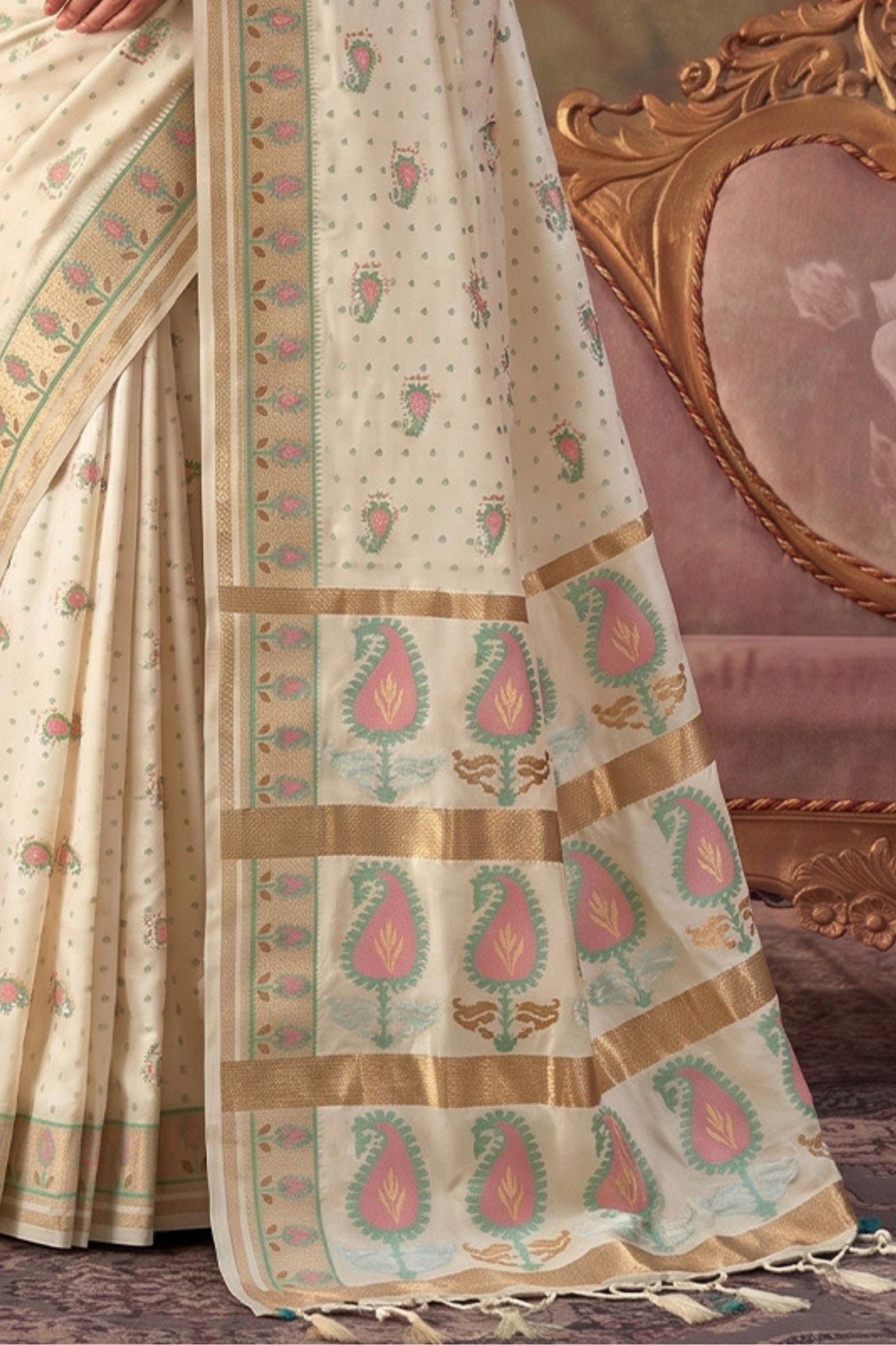 Buy MySilkLove Pearl White Woven Banarasi Soft Silk Saree Online