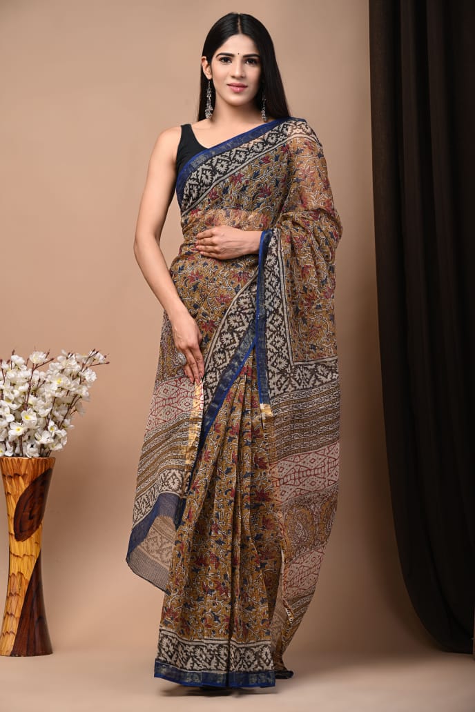 Buy MySilkLove Quincy Brown Handblock Kota Doriya Saree Online