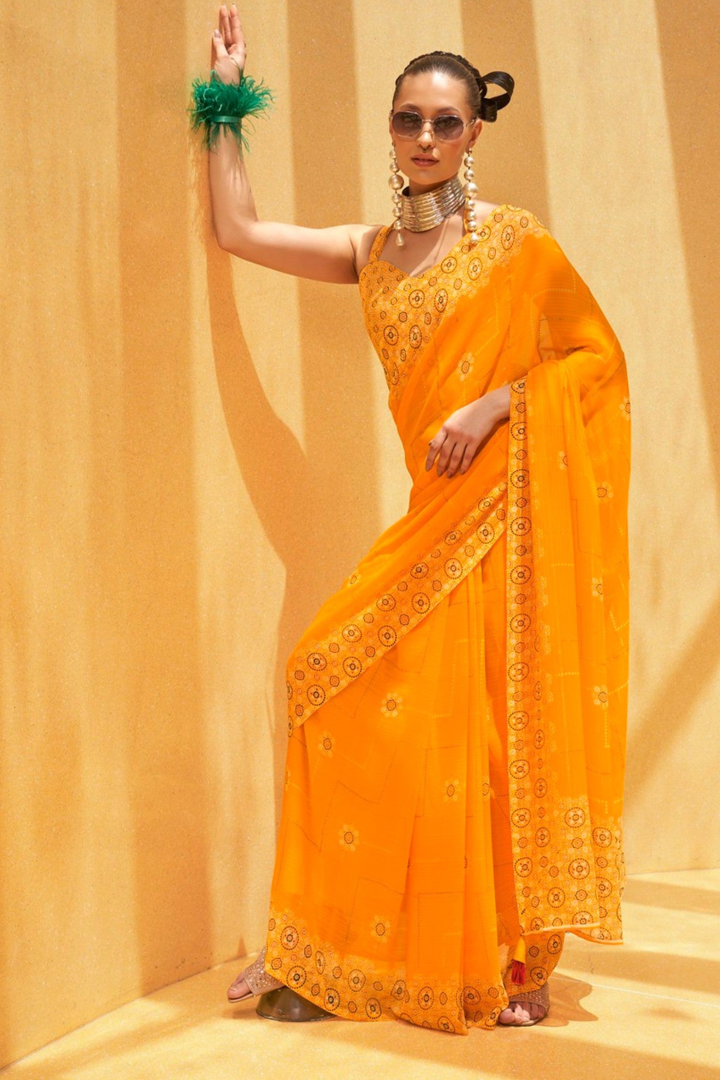 Buy MySilkLove Amber Yellow Georgette Printed Saree Online