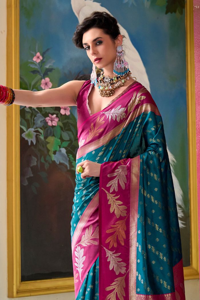 Buy MySilkLove Tarawera Blue and Pink Banarasi Soft Silk Saree Online