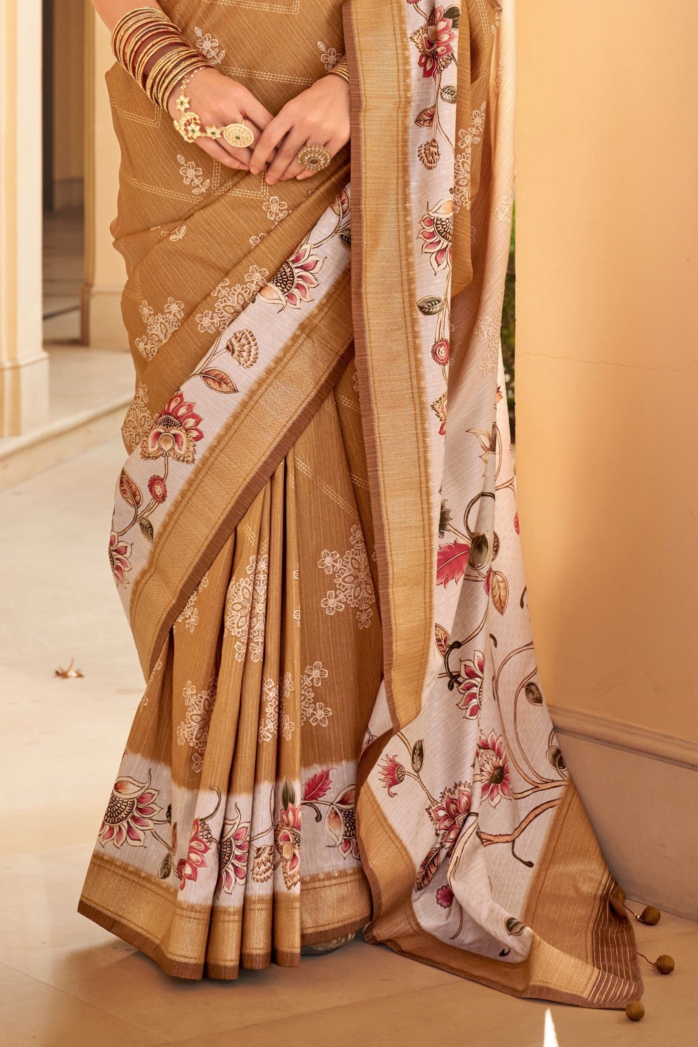 Buy MySilkLove Rajah Brown Floral Printed Banarasi Saree Online