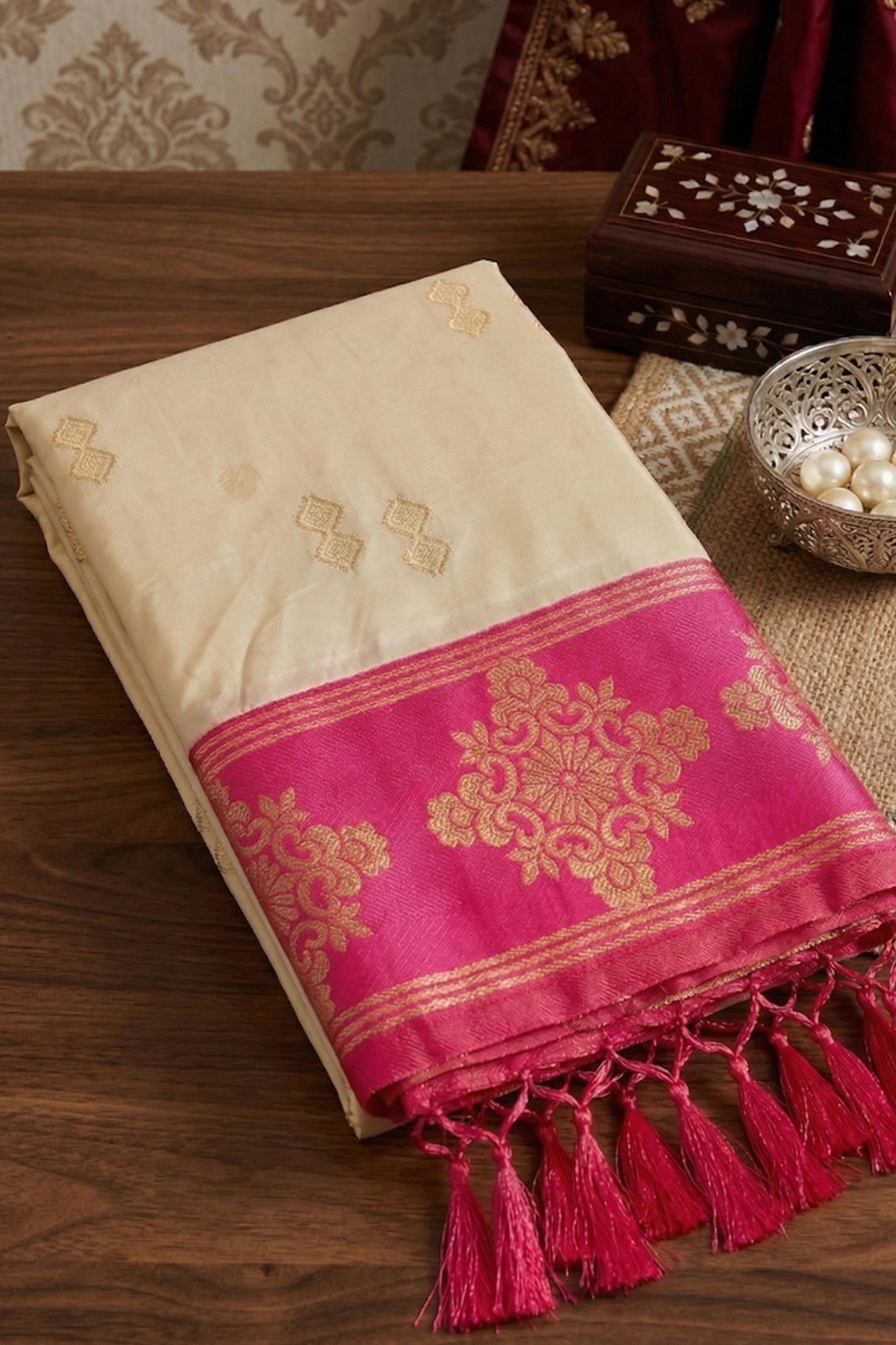 Buy MySilkLove Vanilla Cream Woven Banarasi Soft Silk Saree Online