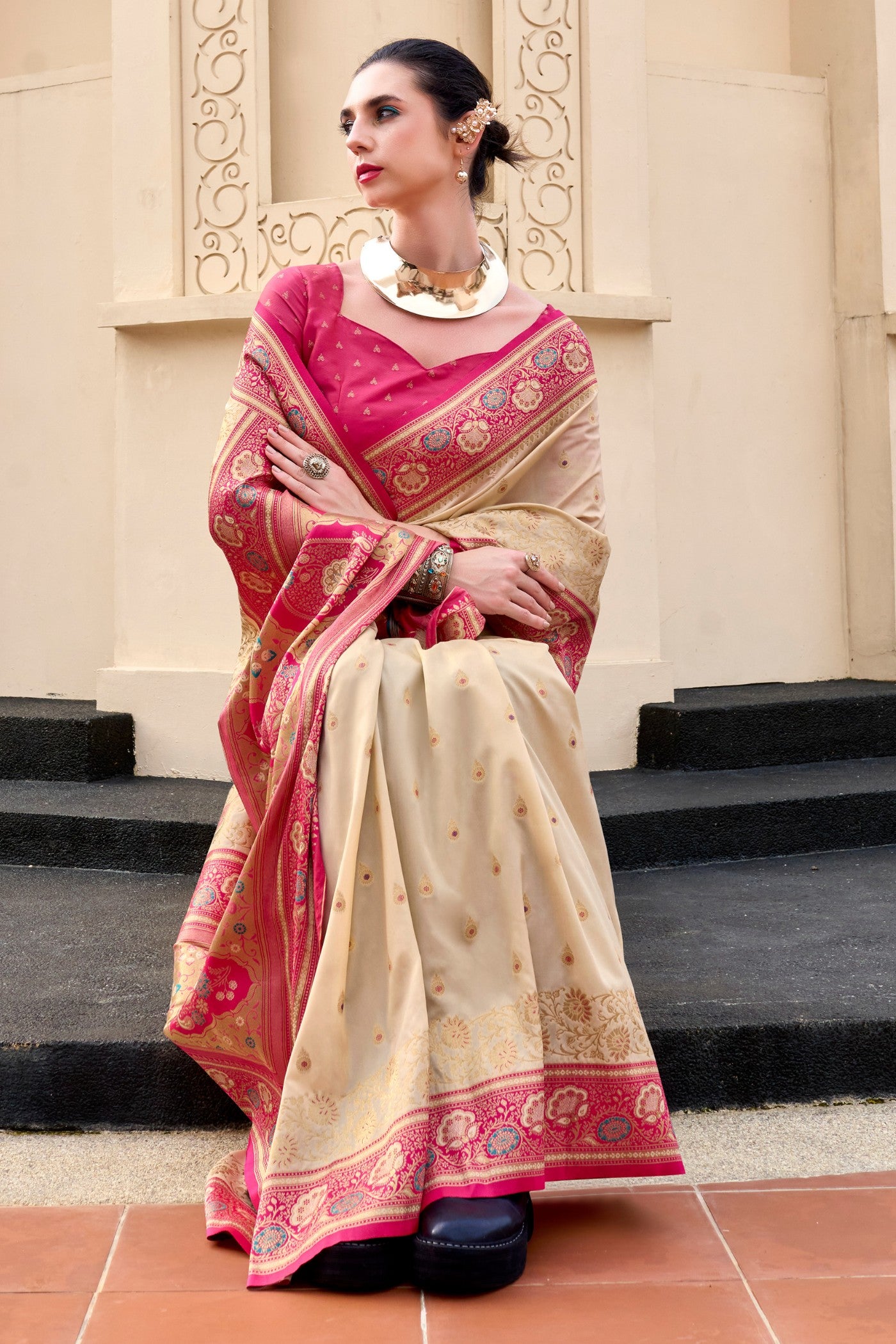 Buy MySilkLove Vanilla Cream Woven Banarasi Saree Online