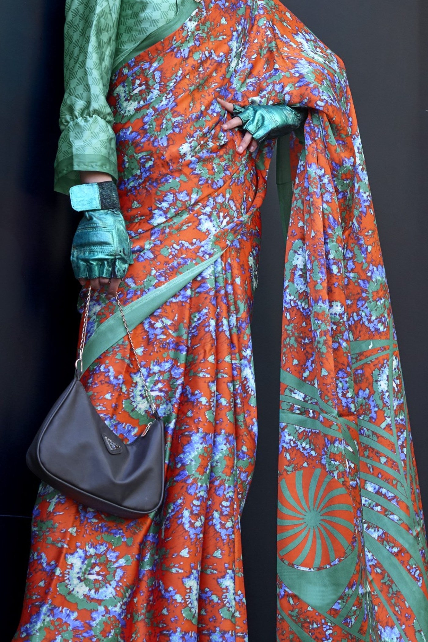 Buy MySilkLove Squach Orange and Green Printed Satin Crepe Silk Saree Online