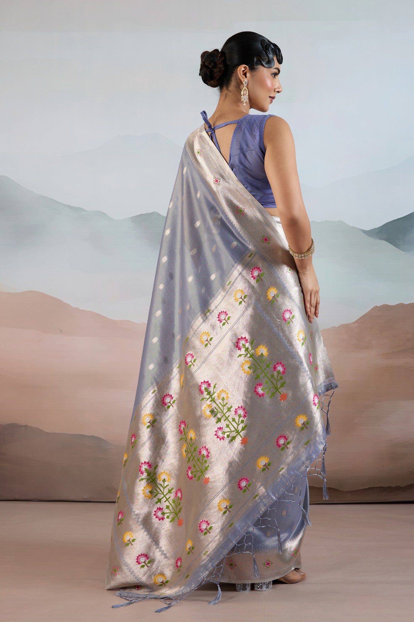 Buy MySilkLove Opaline Grey Zari Woven Tissue Paithani Saree Online