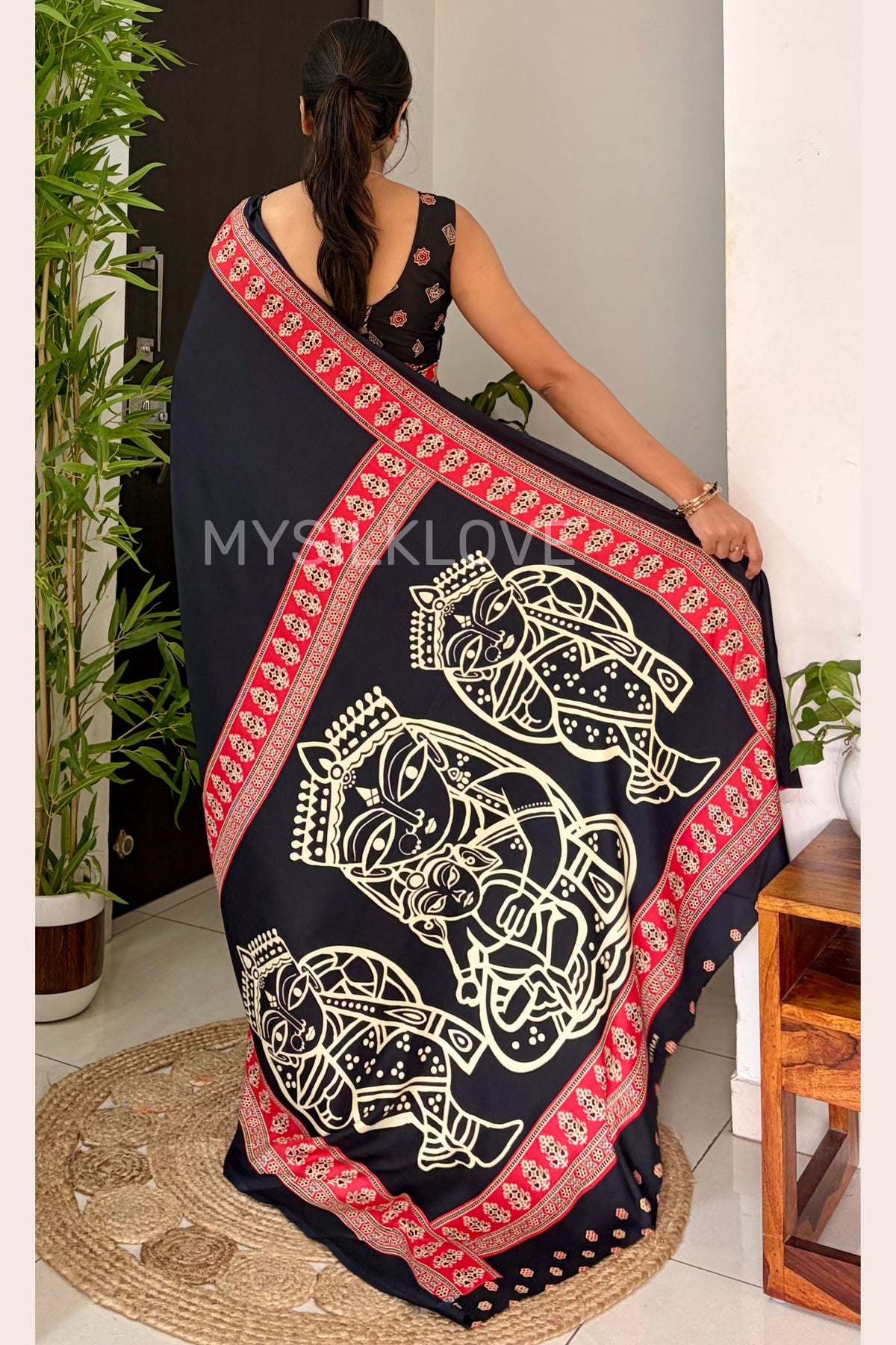 Buy MySilkLove Ebony Black Modal Ajrakh Satin Printed Silk Saree Online