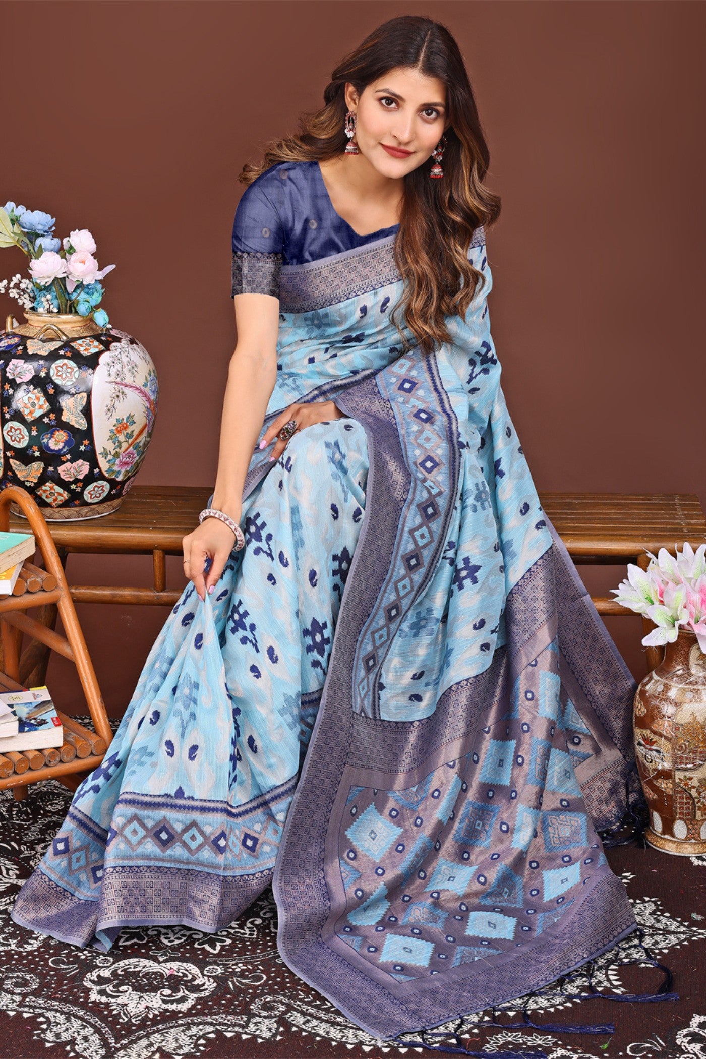 MySilkLove Cerulean Blue Woven Linen Cotton Saree