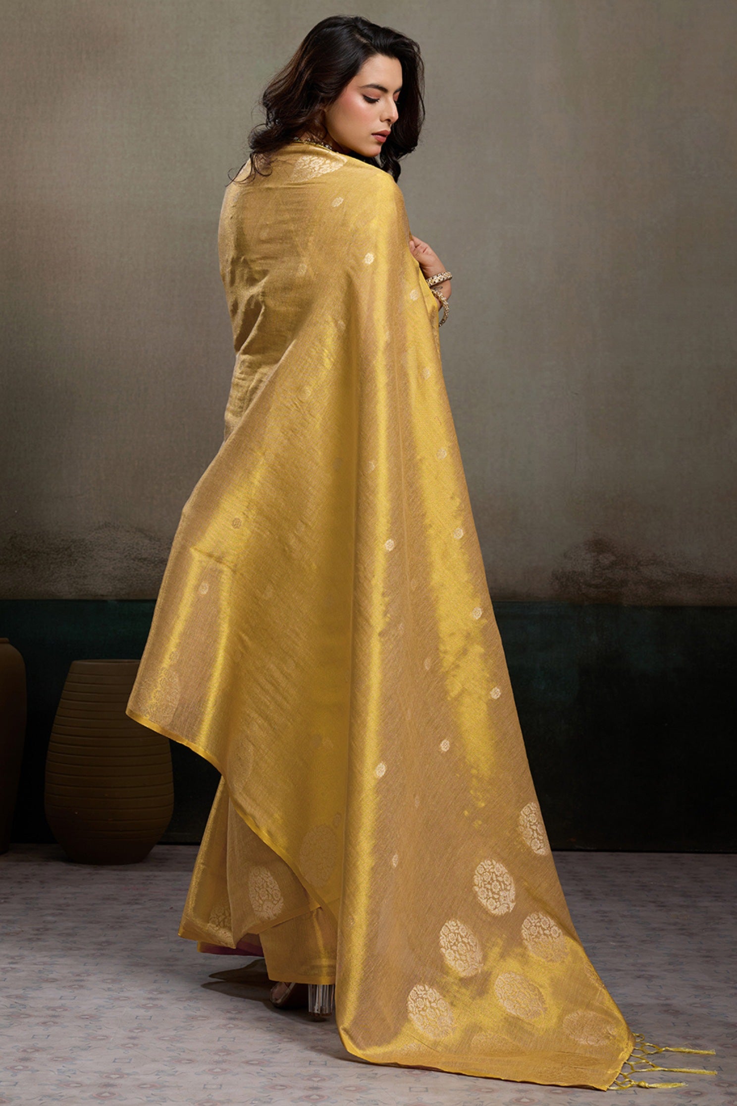 Buy MySilkLove Pastel Yellow Woven Tissue Saree Online