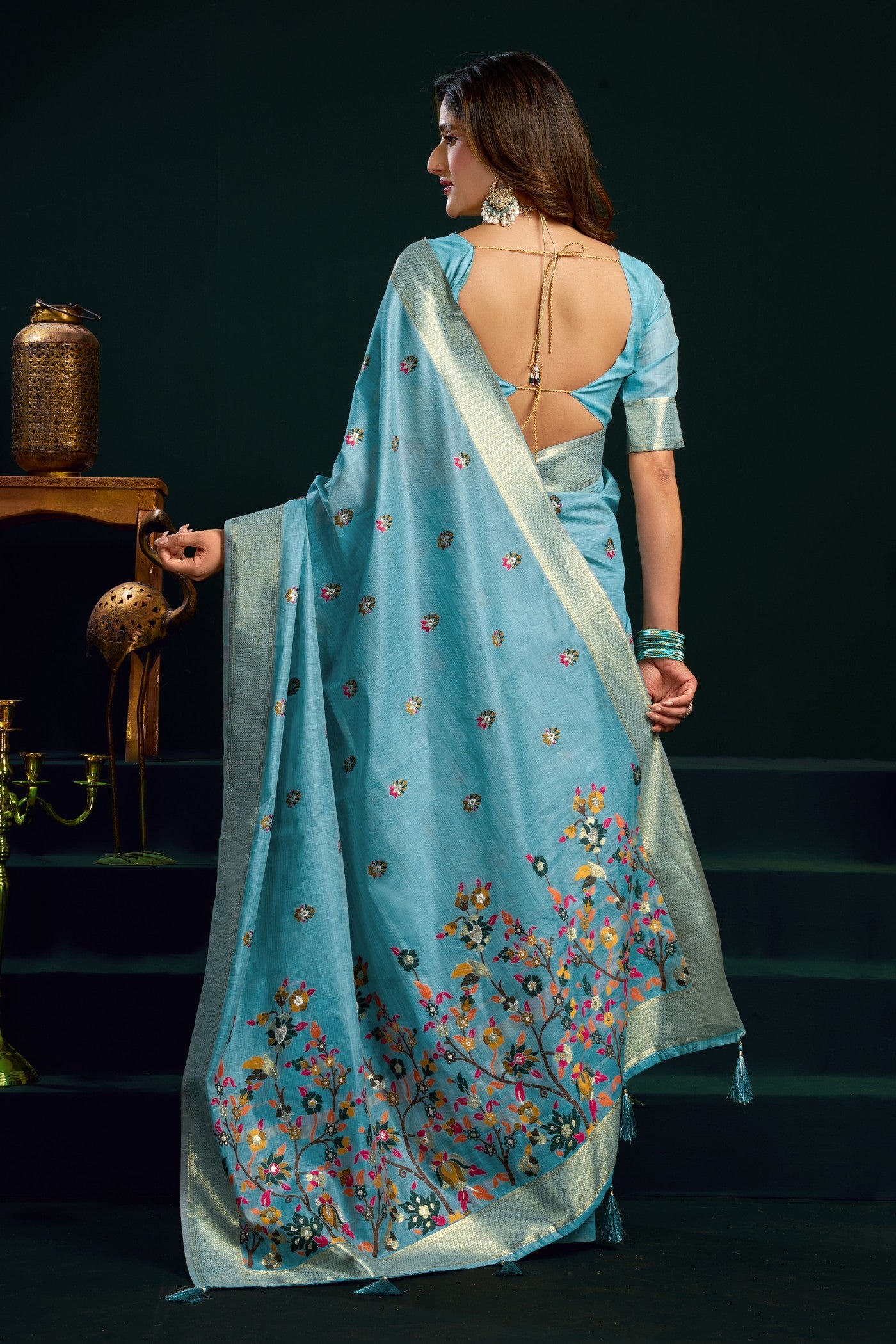 Buy MySilkLove Baby Blue Handloom Muga Cotton Saree Online