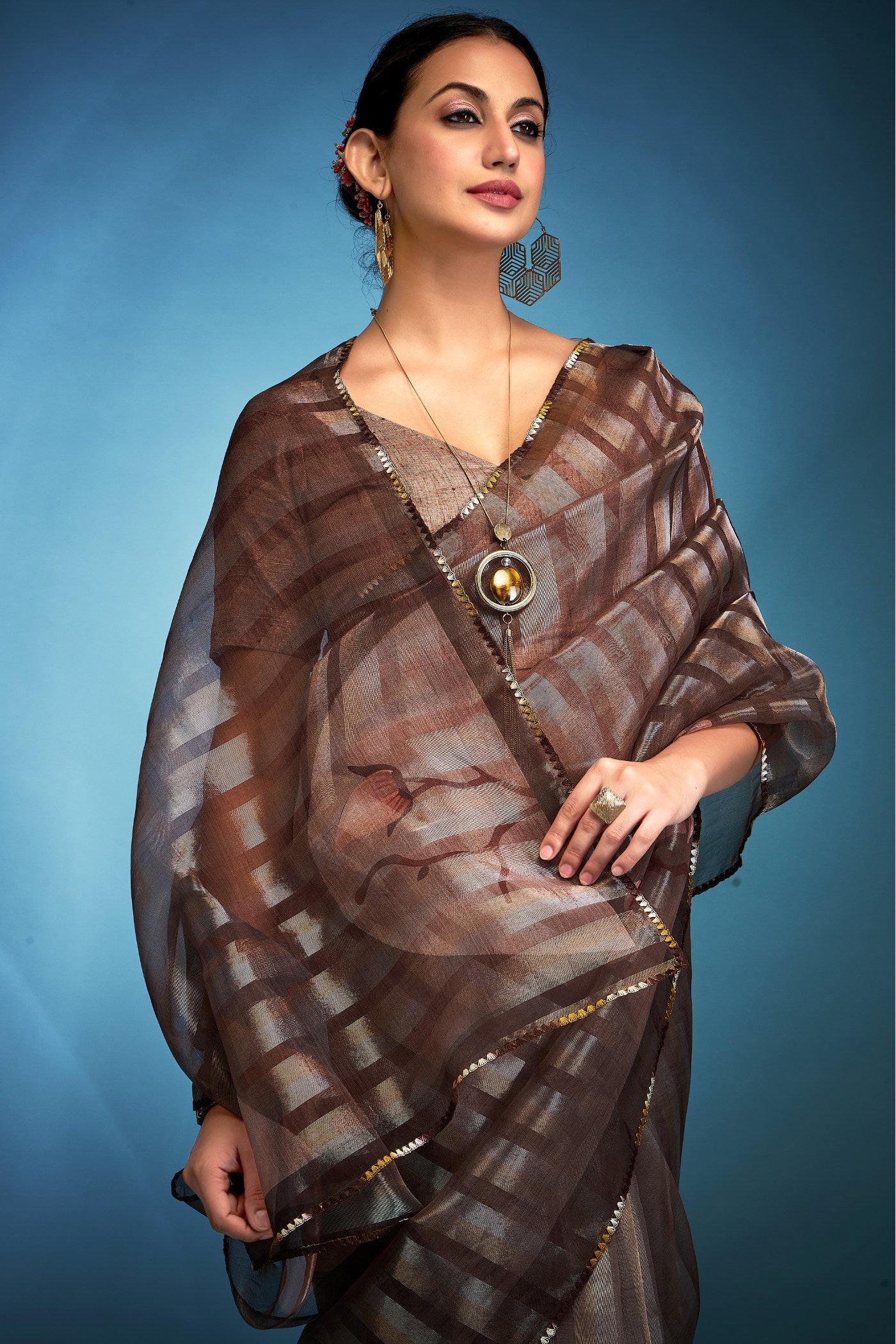 Buy MySilkLove Beaver Brown Printed Tissue Saree Online