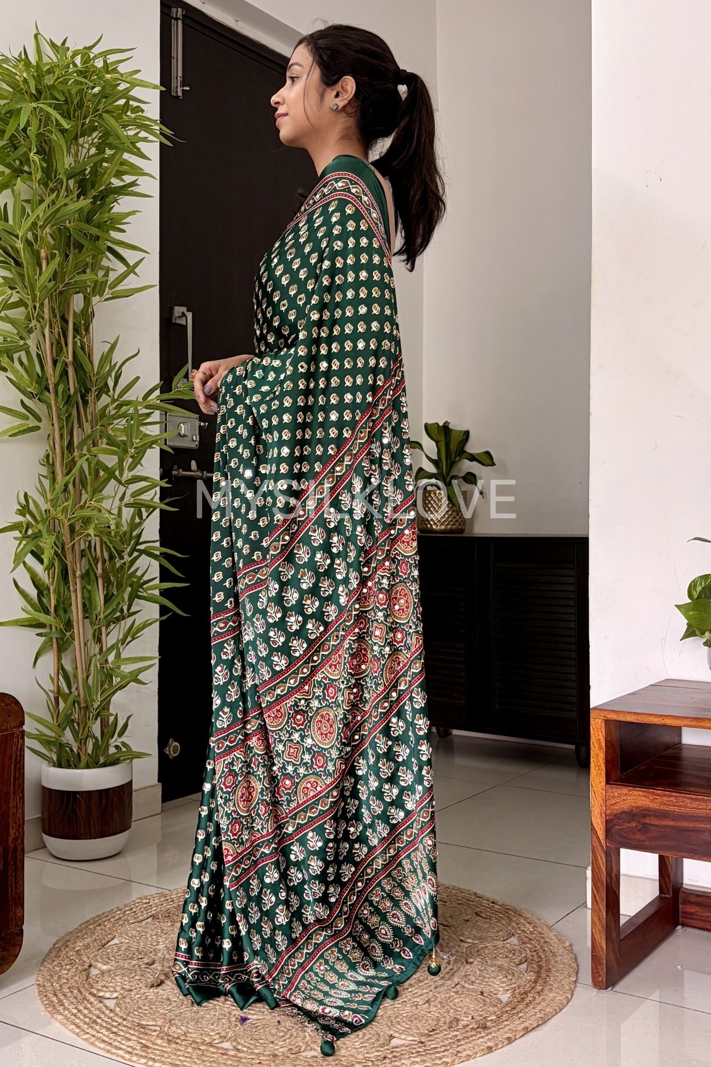 Buy MySilkLove Bottle Green Ajrakh Printed Mirror Work satin Saree Online