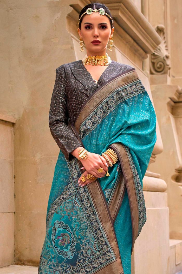 Buy MySilkLove Elm Blue Printed Patola Saree Online