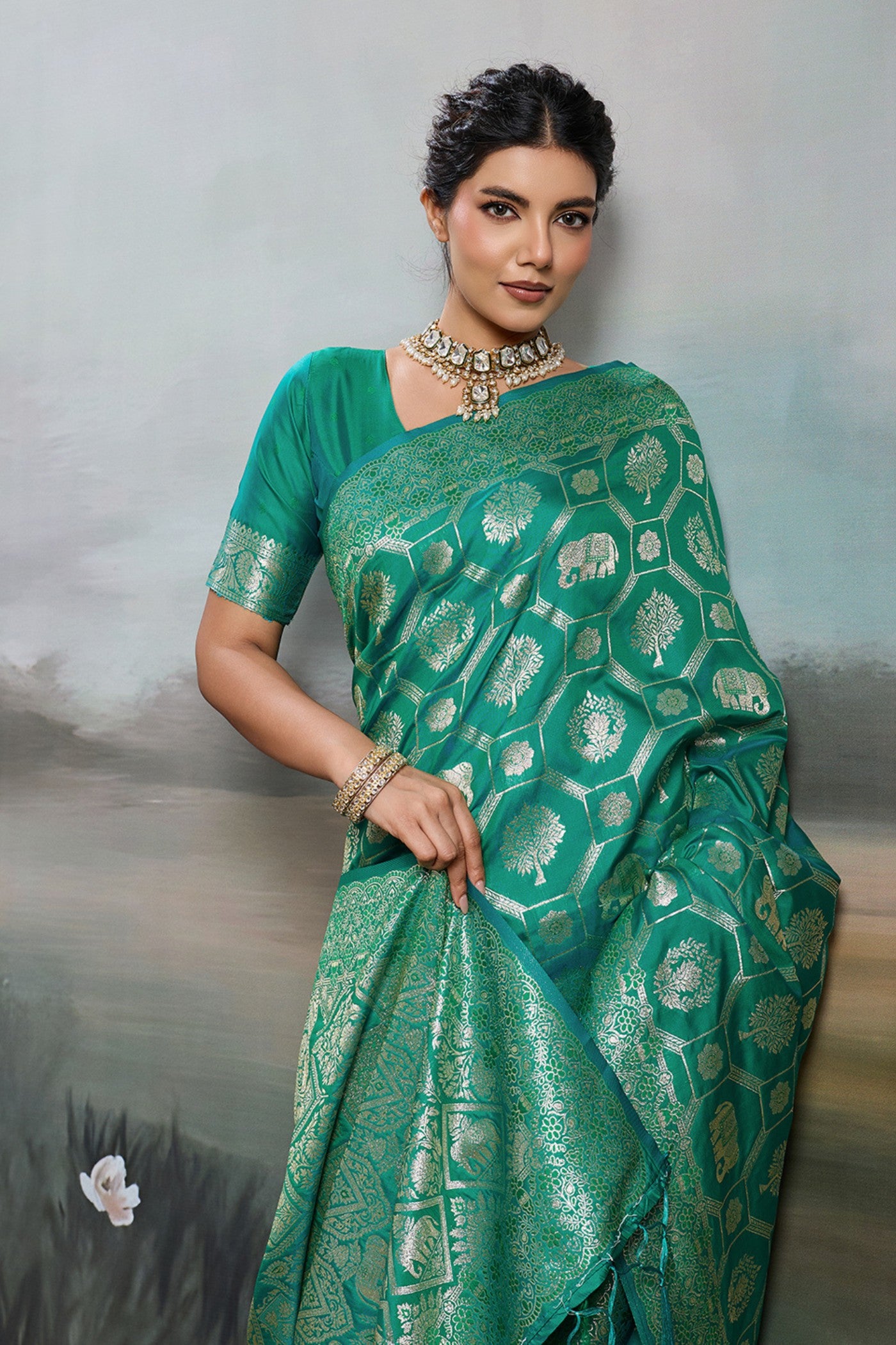 Buy MySilkLove Myrtle Green Woven Banarasi Soft Silk Saree Online
