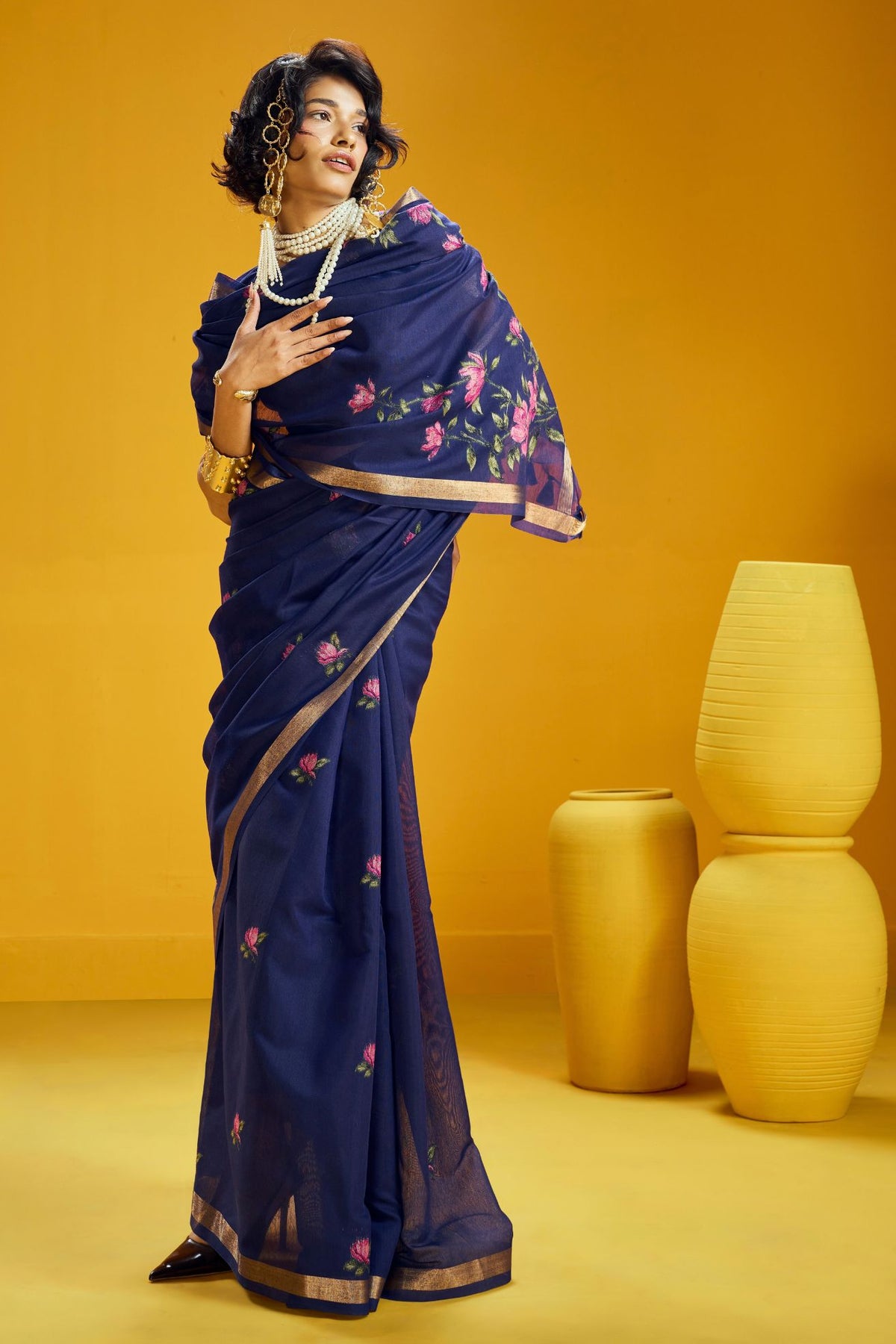 Buy MySilkLove Peacock Blue Handloom Muga Cotton Saree Online
