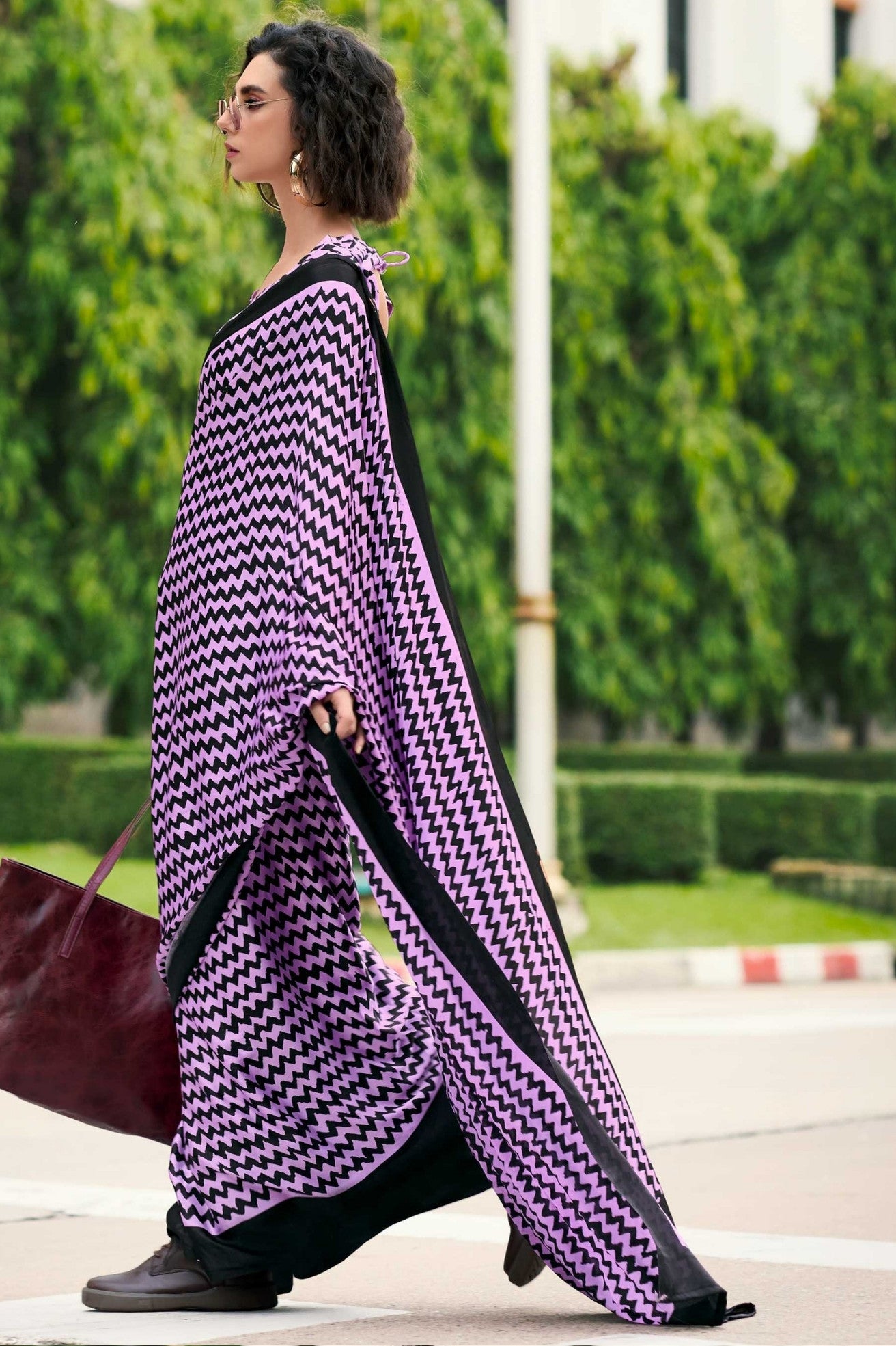 Buy MySilkLove Amethyst Purple Printed Satin Crepe Saree Online