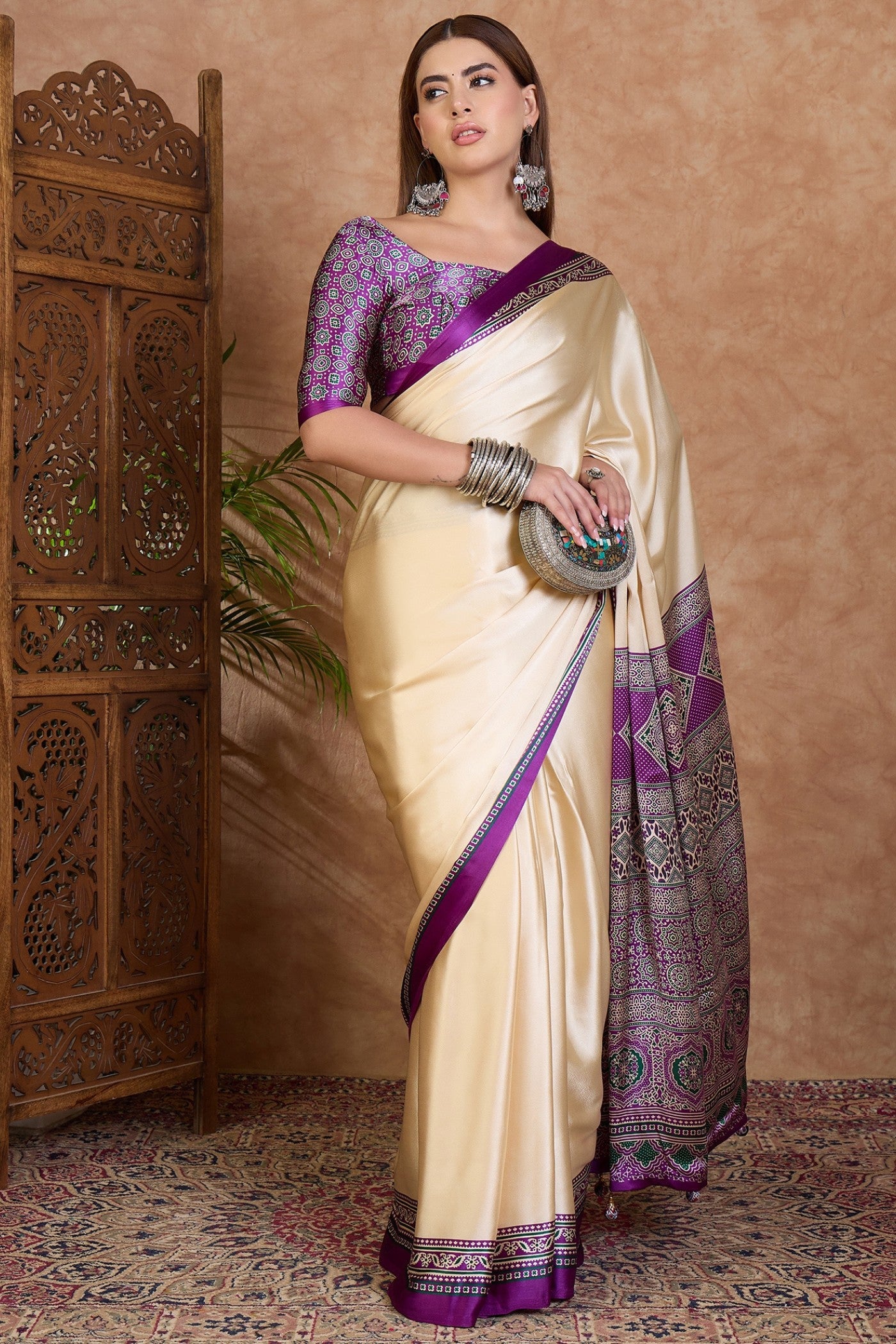 Buy MySilkLove Ivory Cream and Purple Ajrakh Printed Satin Crepe Silk Saree Online