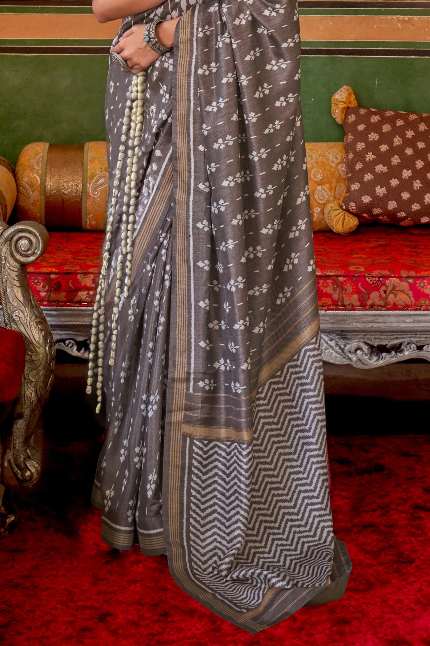 Buy MySilkLove Spicy Grey Printed Patola Saree Online