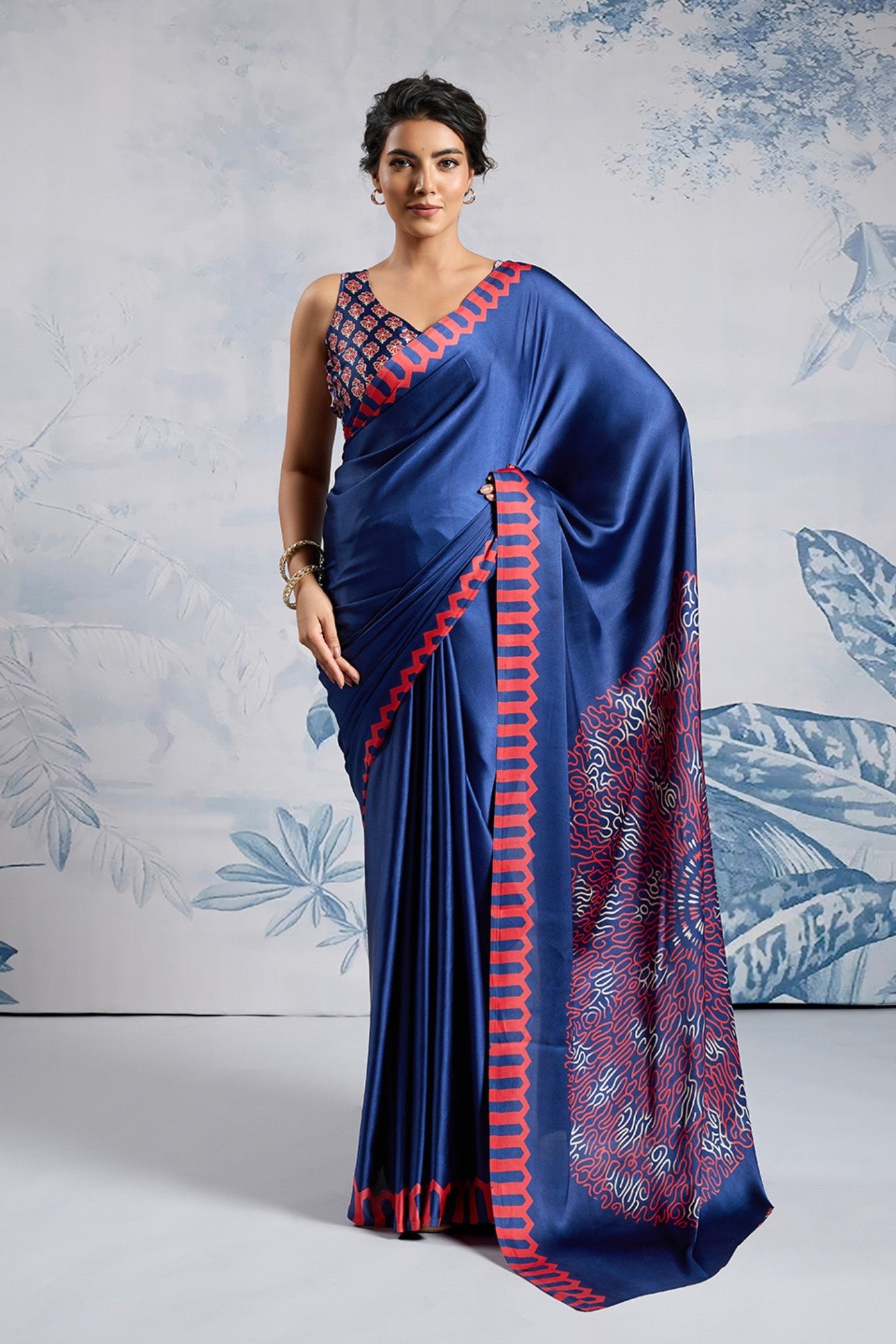 Buy MySilkLove Glacier Blue Printed Satin Crepe Silk Saree Online