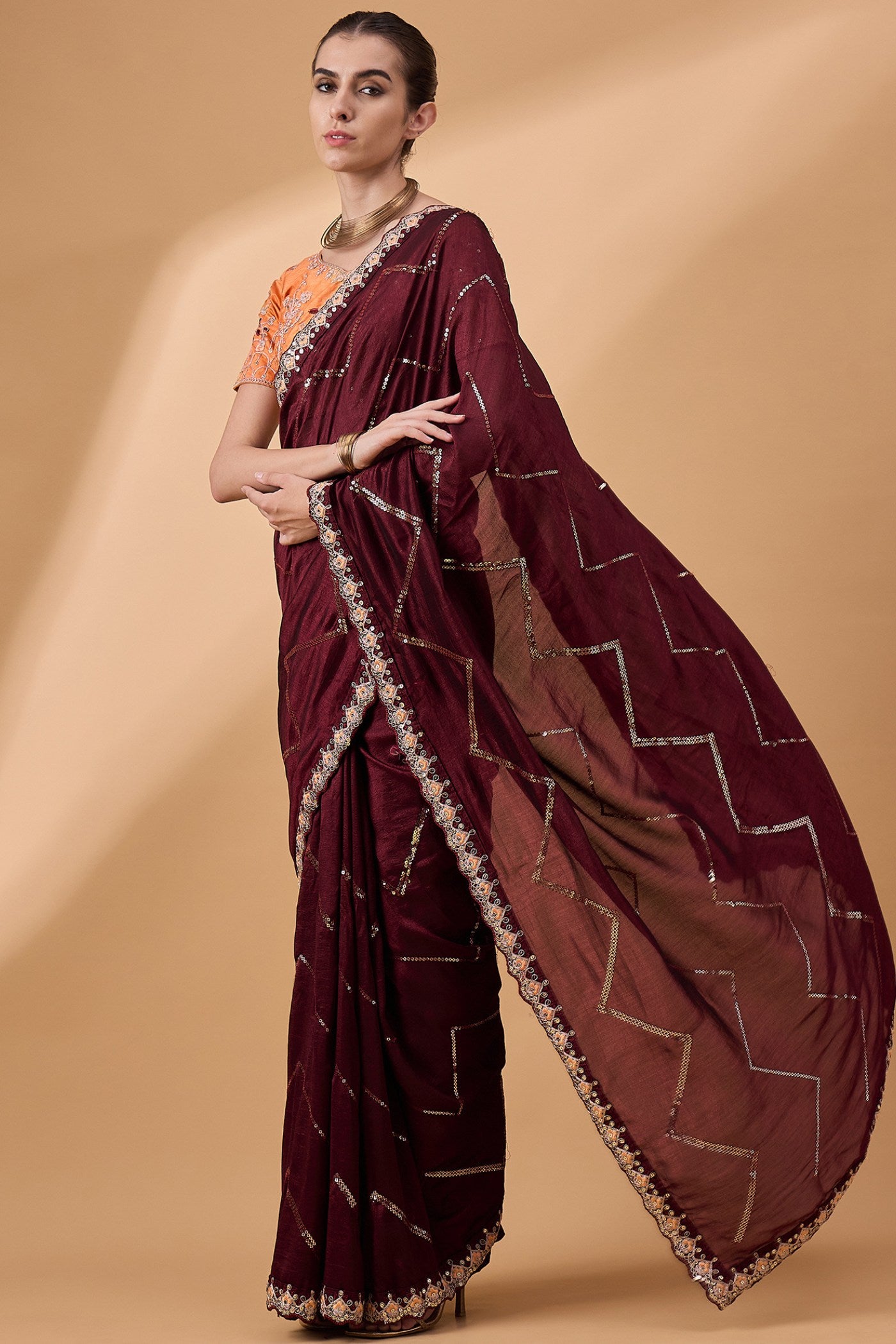 MySilkLove Cowboy Brown Chinon Partywear Saree