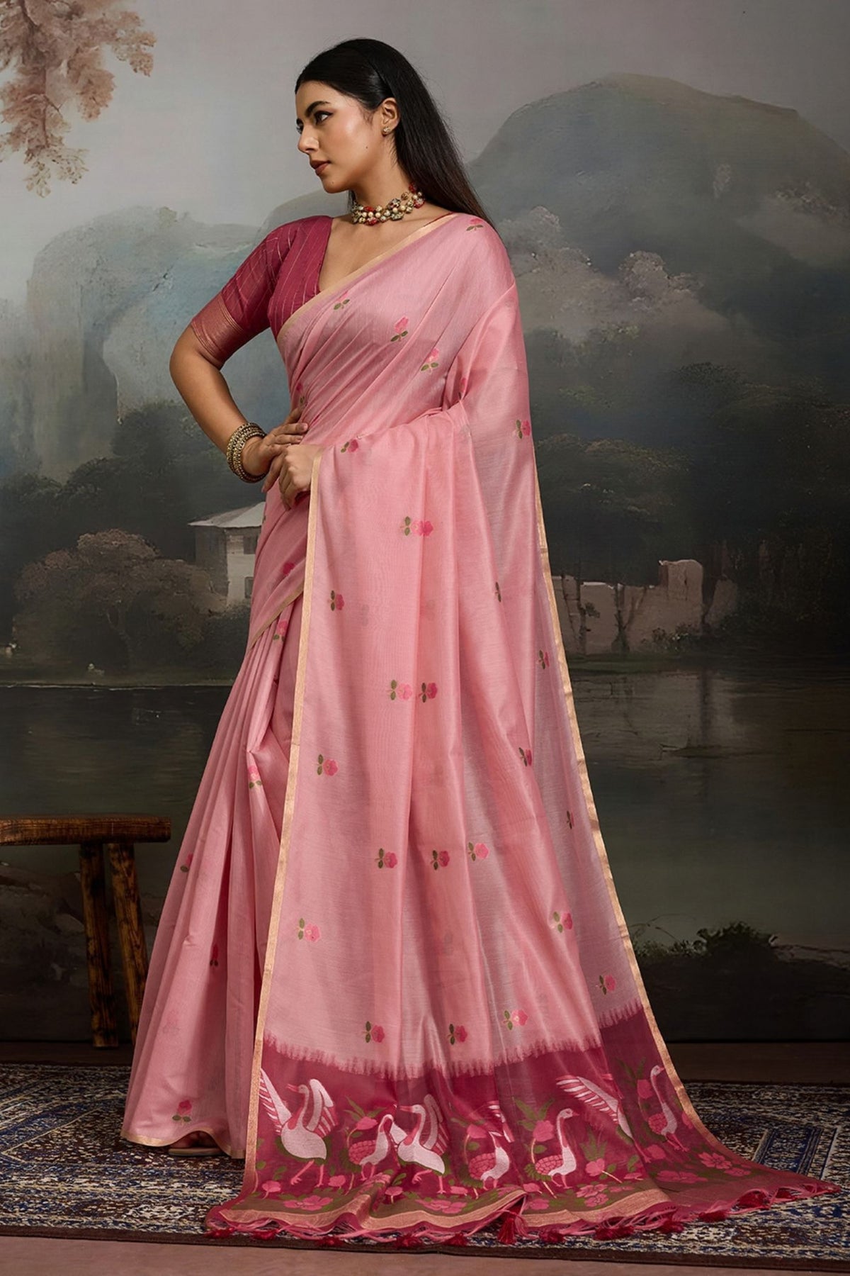 Buy MySilkLove Tulip Blush Pink Cotton Handloom Swan Saree Online