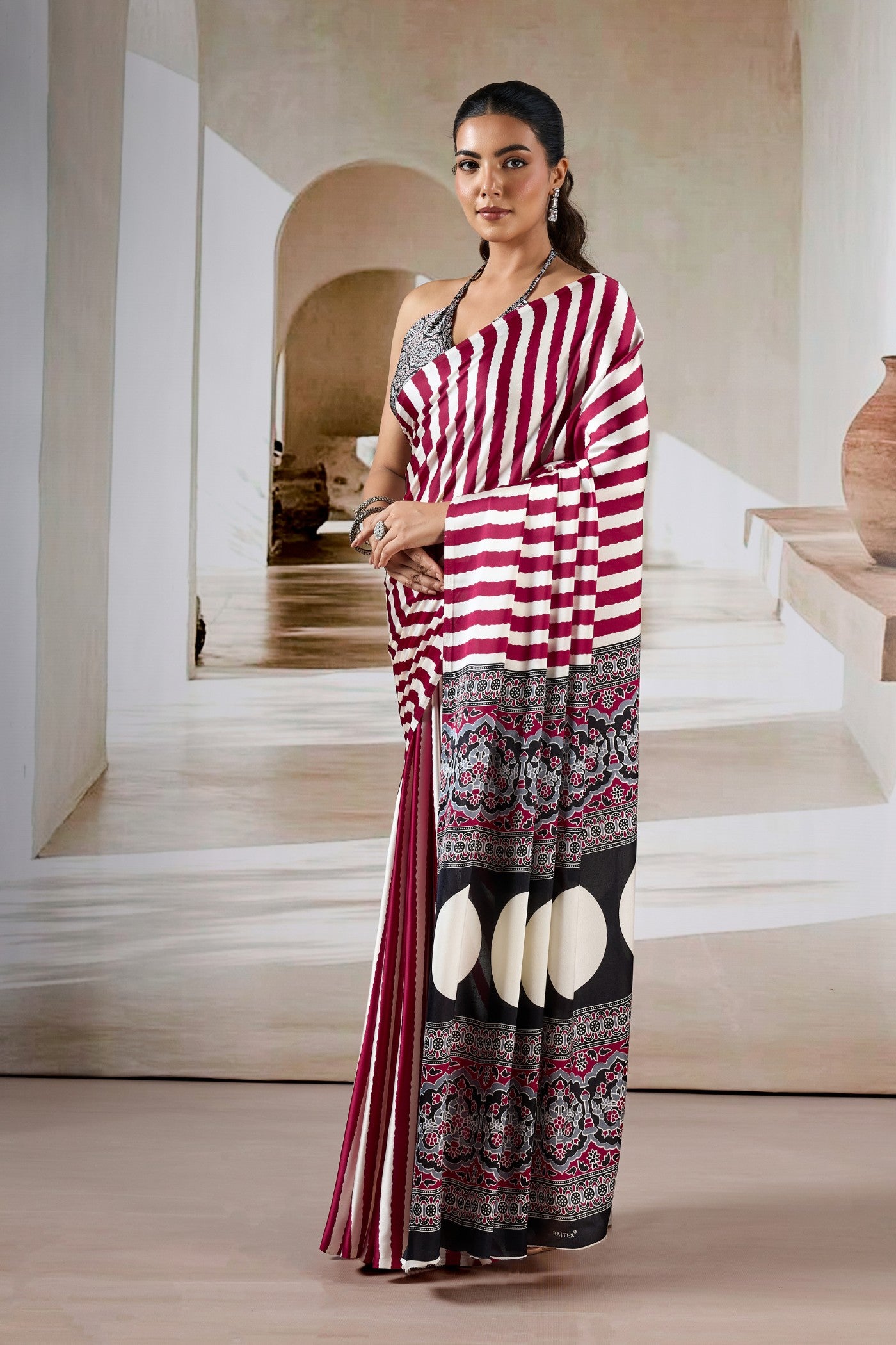 Buy MySilkLove Rosewood Maroon Stripe Ajrakh Printed Satin Crepe Silk Saree Online