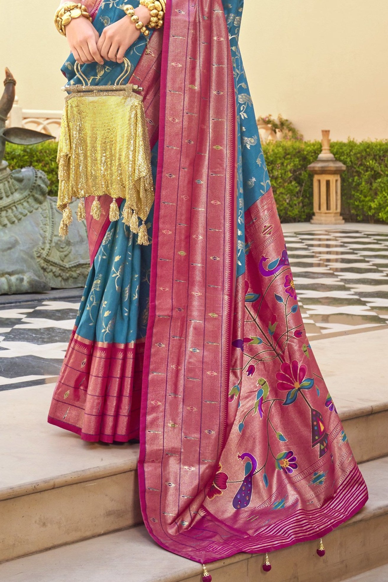 Buy MySilkLove Boston Blue and Pink Woven Paithani Designer Saree Online