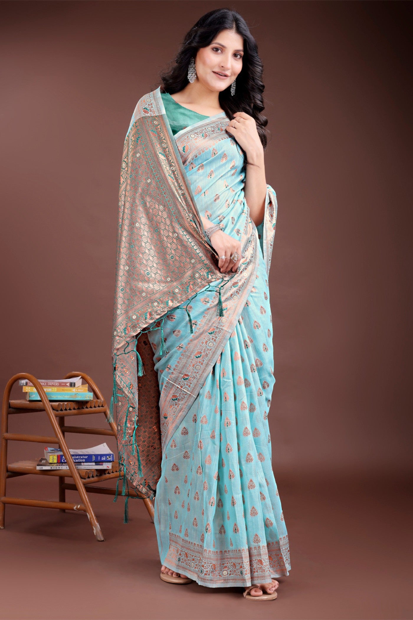 Buy MySilkLove Aqua Blue Linen Cotton Saree Online
