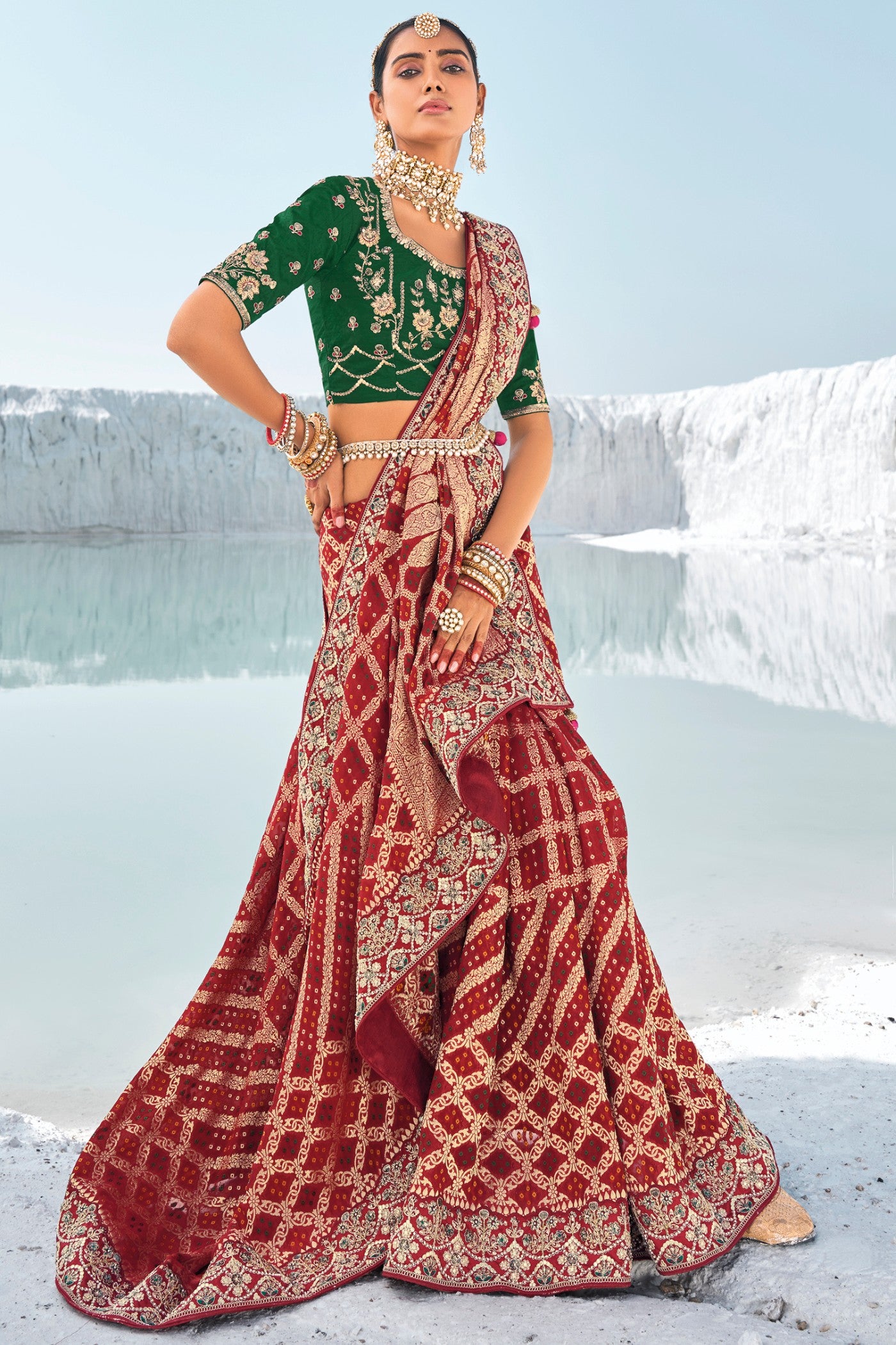 Buy MySilkLove Hot Red Fire Georgette Patola Saree Online