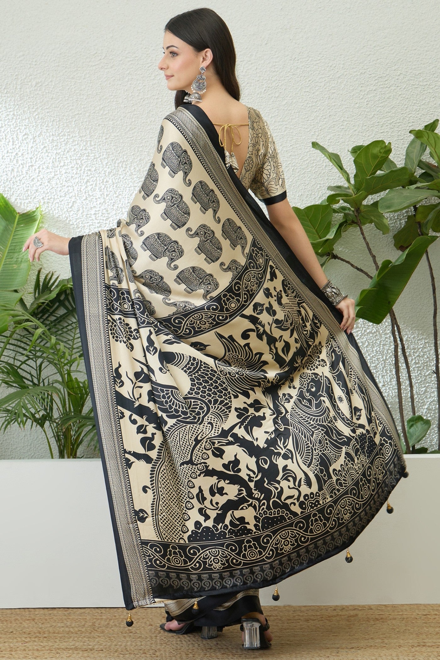 Buy MySilkLove Matte Cream Ajrakh Printed Satin Crepe Silk Saree Online