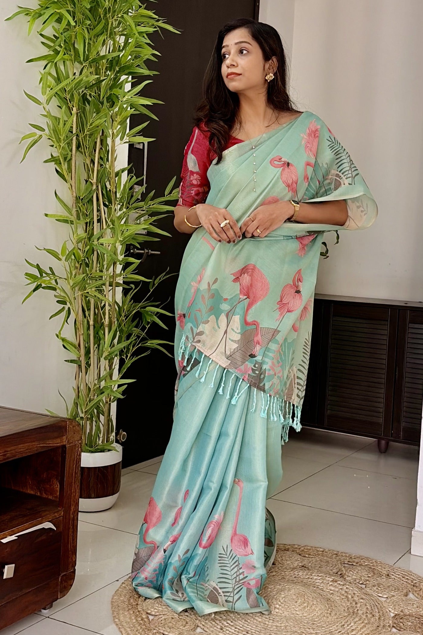 Buy MySilkLove Pastel Blue Printed Linen Saree Online