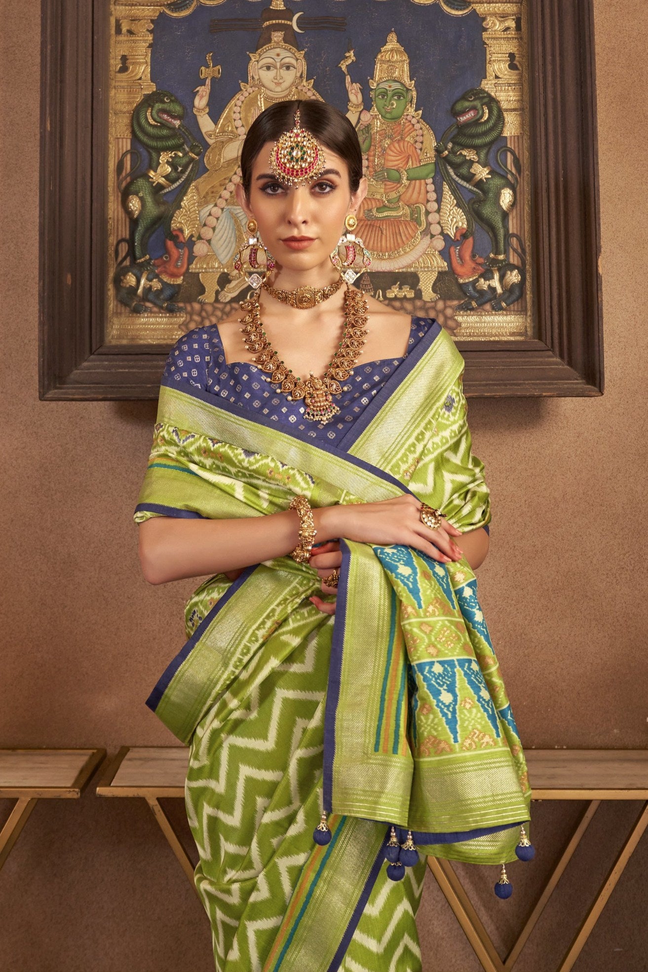 MySilkLove Parrot Green Printed Patola Saree