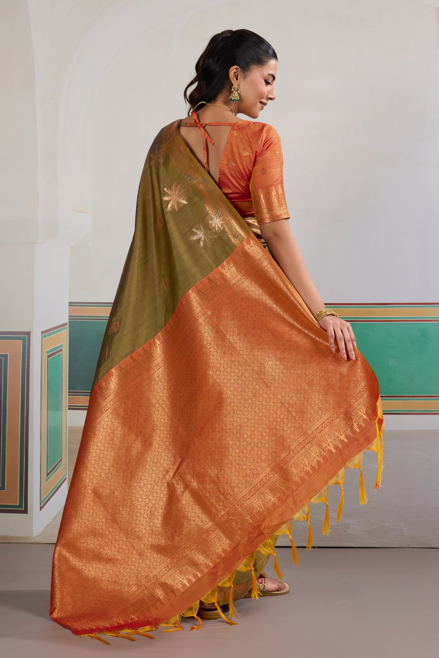Buy MySilkLove Dust Green Banarasi Handloom Tussar Saree Online