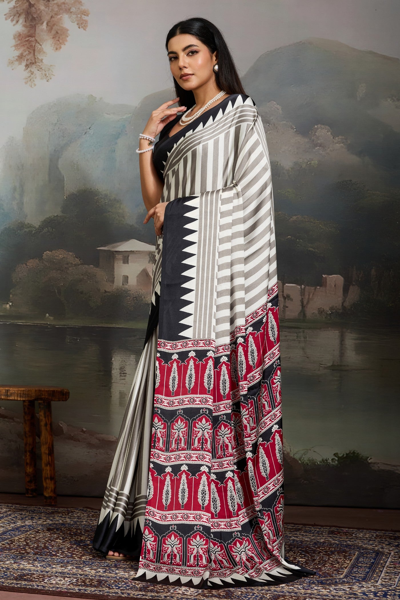 Buy MySilkLove Cornsilk White and Black Ajrakh Printed Satin Crepe Silk Saree Online