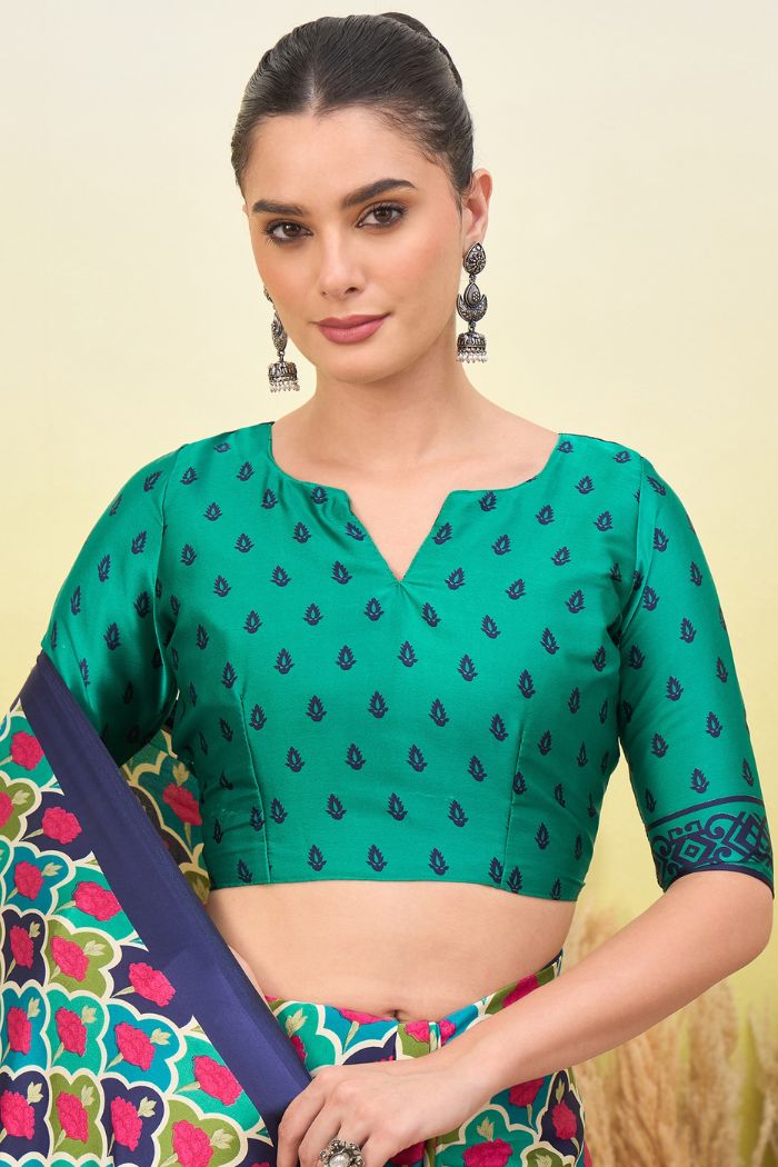 Buy MySilkLove Navy Blue and Green Modal Satin Printed Silk Saree Online