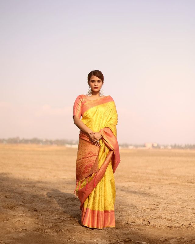 Buy MySilkLove Koromiko Yellow and Pink Banarasi Woven Silk Saree Online