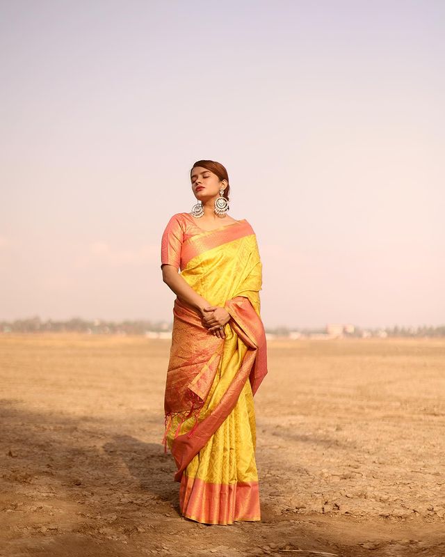 Buy MySilkLove Koromiko Yellow and Pink Banarasi Woven Silk Saree Online