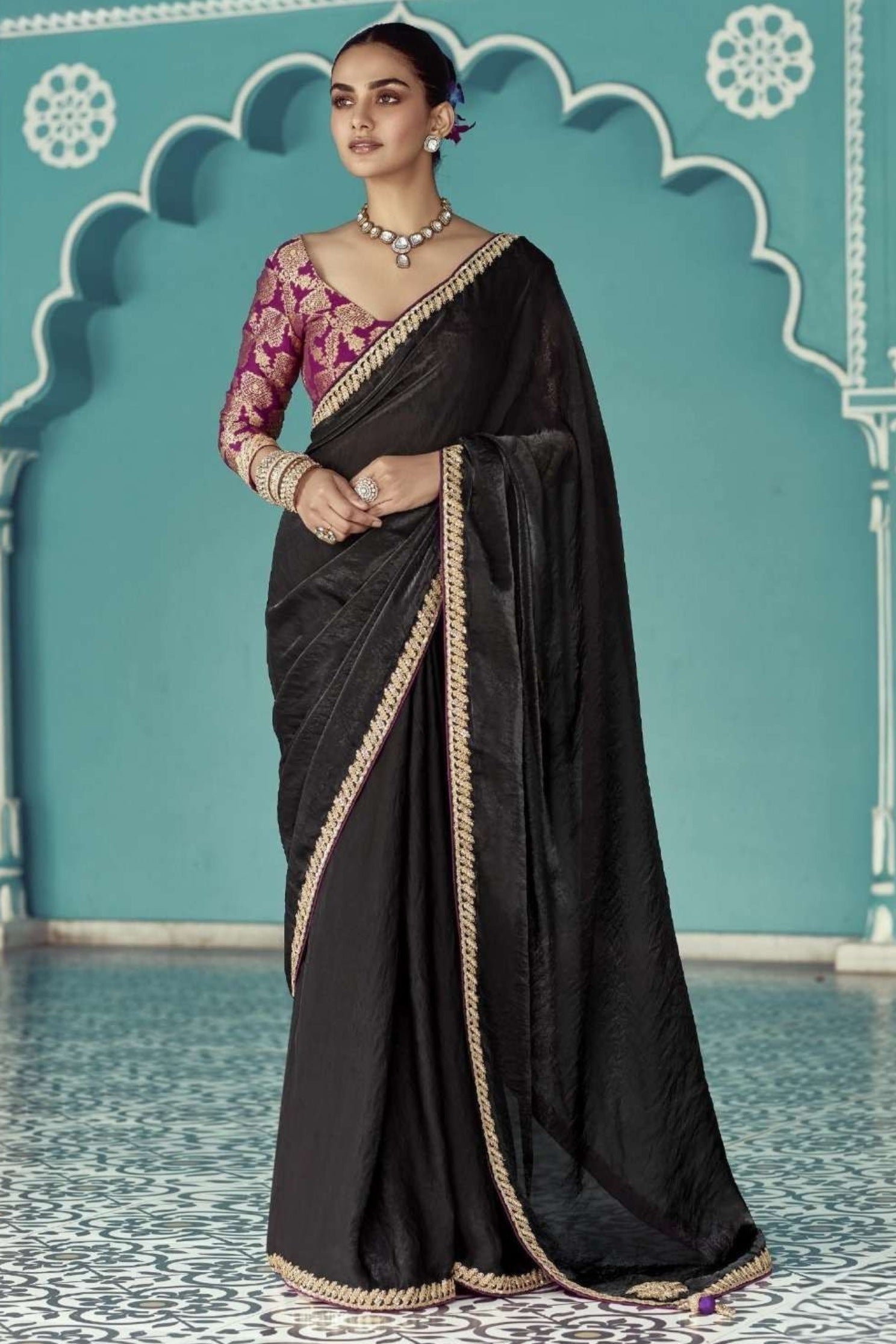 Buy MySilkLove Gunmetal Black Embroidered Tissue Designer Saree Online