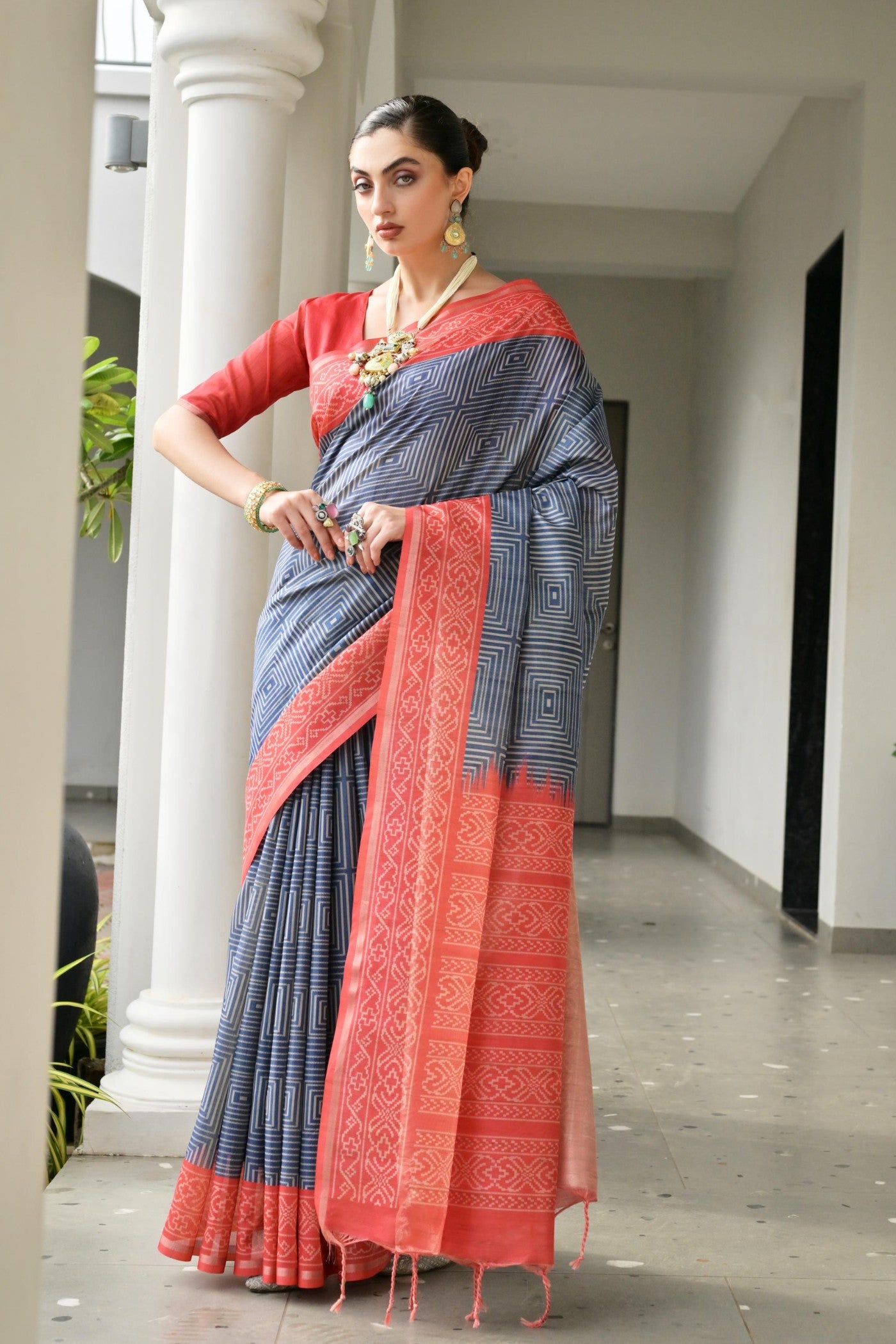 Buy MySilkLove Camouflage Grey and Red Printed Tussar Silk Saree Online