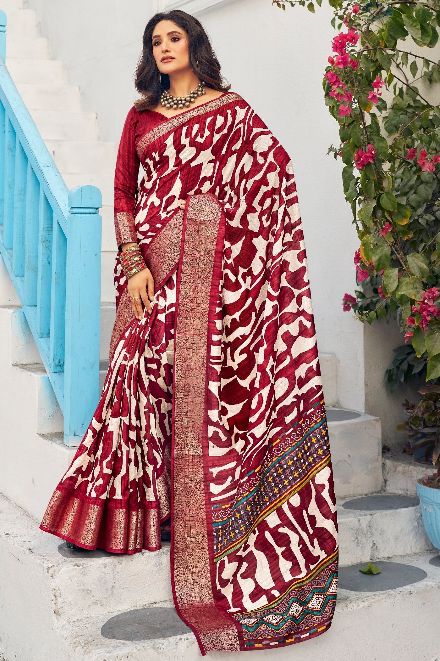 Buy MySilkLove Mocca Maroon Banarasi Printed Saree Online